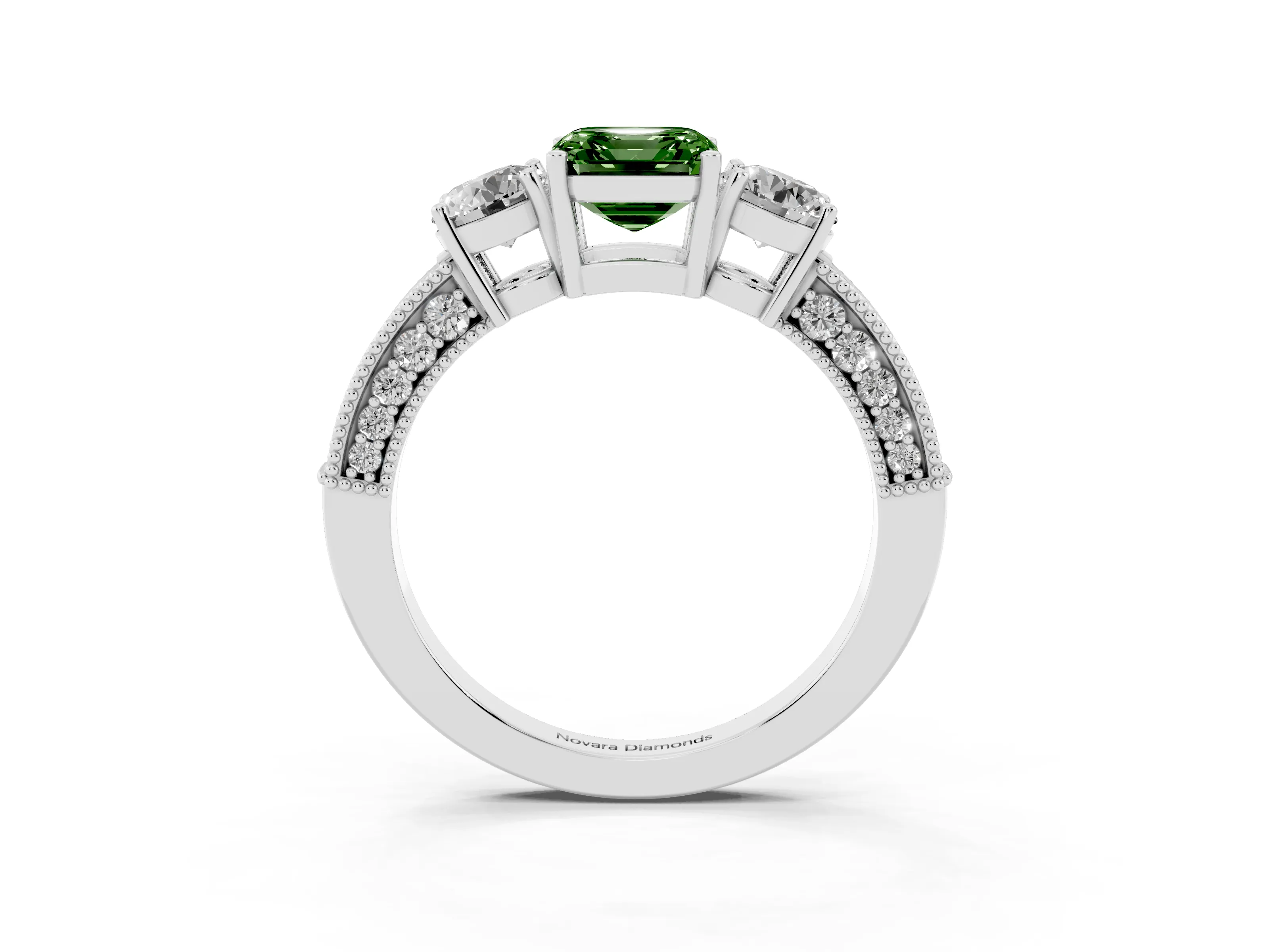 Fancy Green Asscher Cut Diamond Three-Stone Ring Set in White gold with Round Side Stones and Pavé Band