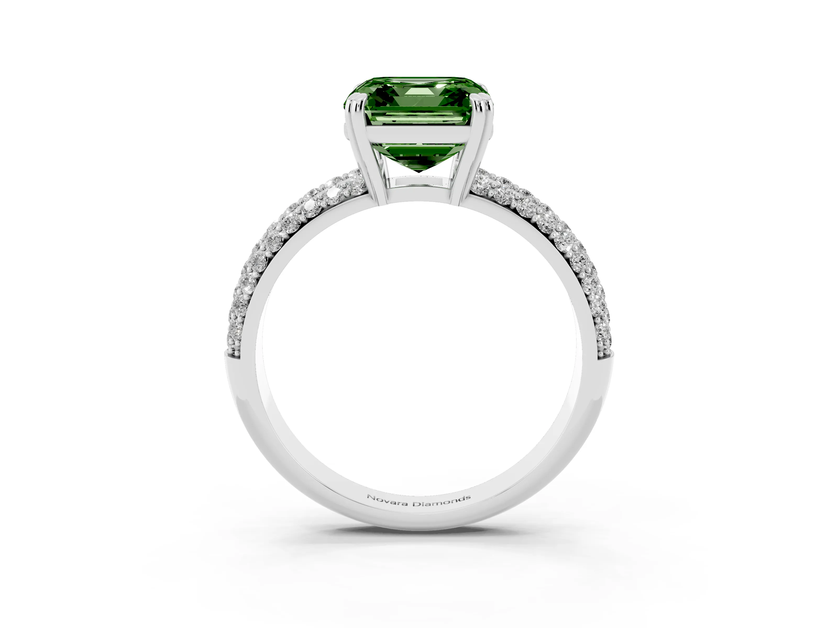 Fancy Green Asscher Cut Diamond Solitaire Ring Set in Platinum with Multi-Row Round Pavé Band and Prong Setting