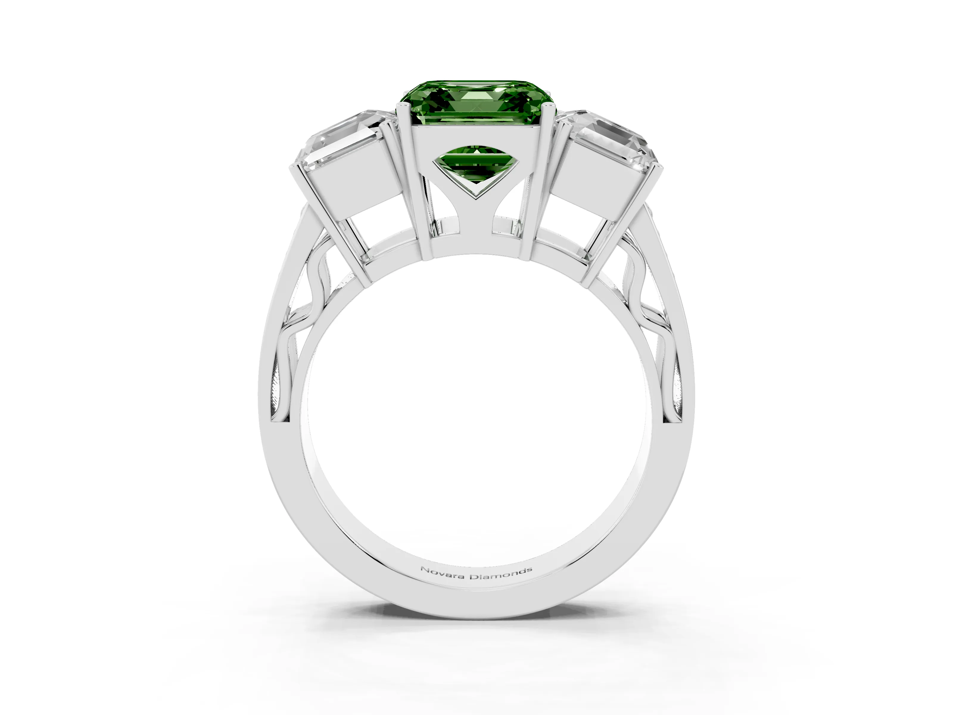 Fancy Green Asscher Cut Diamond Three-Stone Ring Set in White gold with Textured Band