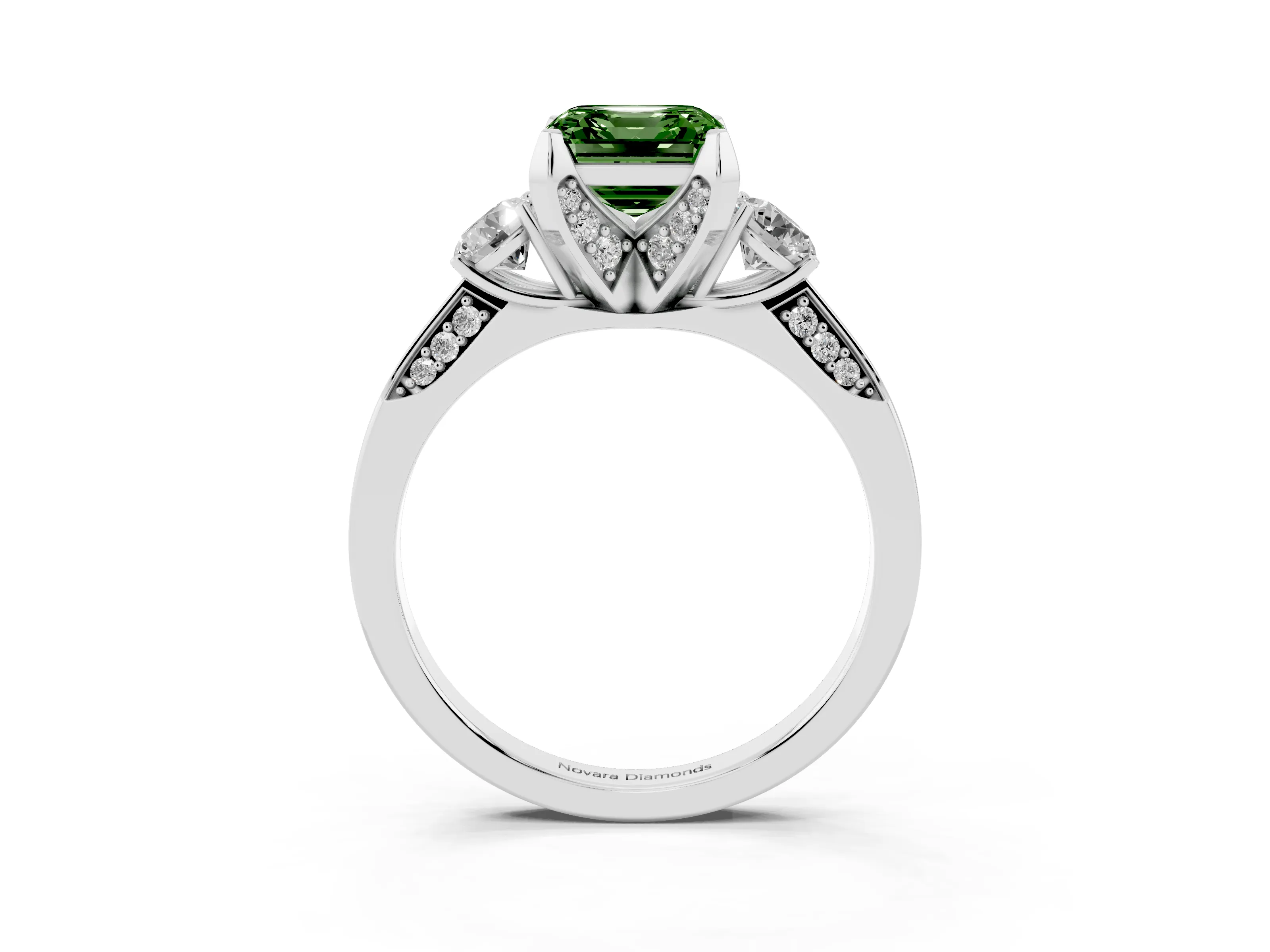Fancy Green Asscher Cut Diamond Three-Stone Ring Set in Silver with Pavé Band and Smaller Side Stones