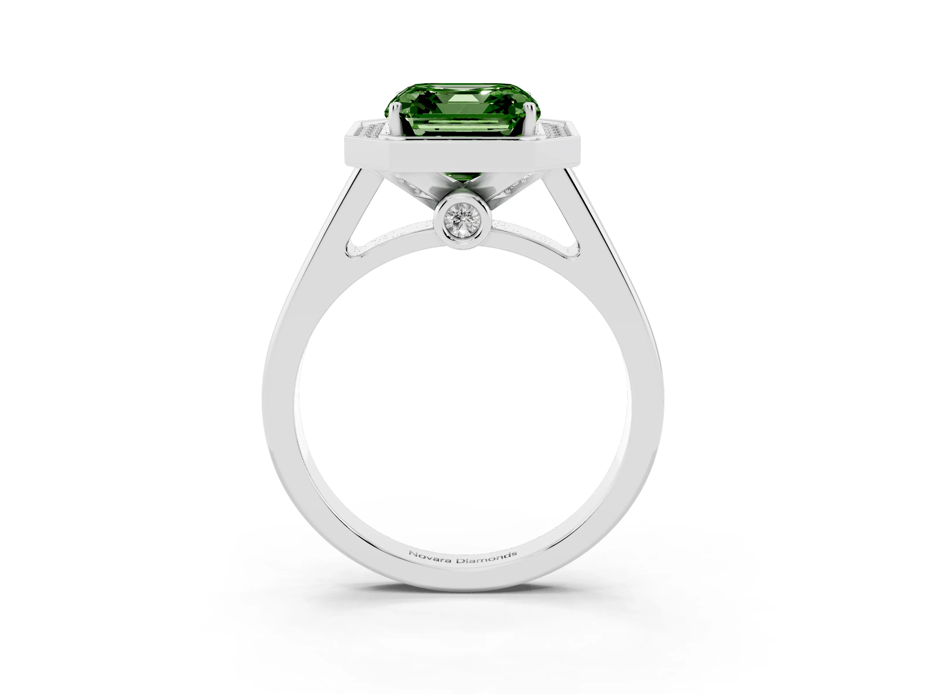 Fancy Green Asscher Cut Diamond Halo Solitaire Ring Set in Platinum with Pavé Band and Bezel Setting