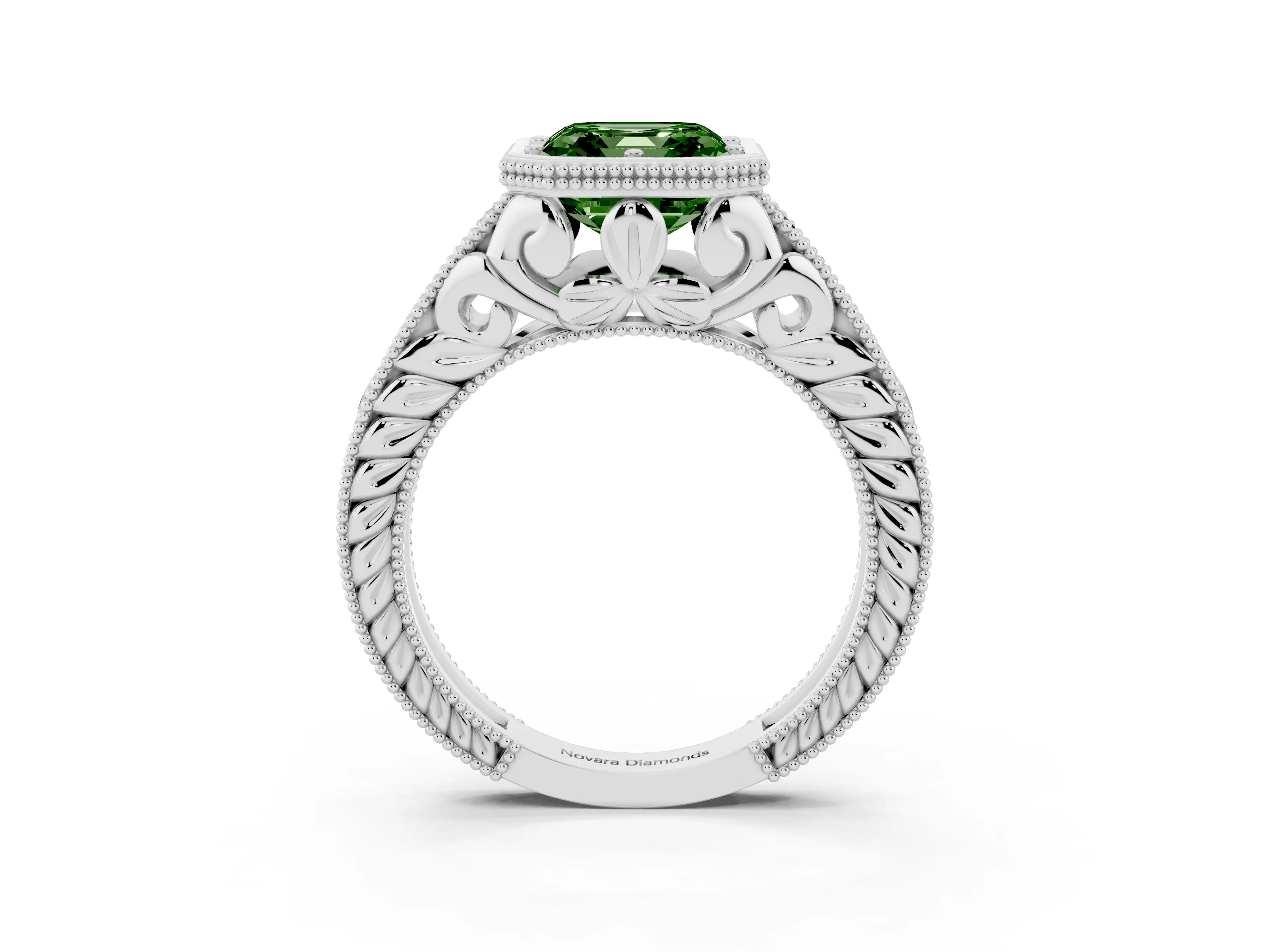 Fancy Green Bezel Set Asscher Cut Diamond Milgrain Pavé Engagement Ring Set in Silver