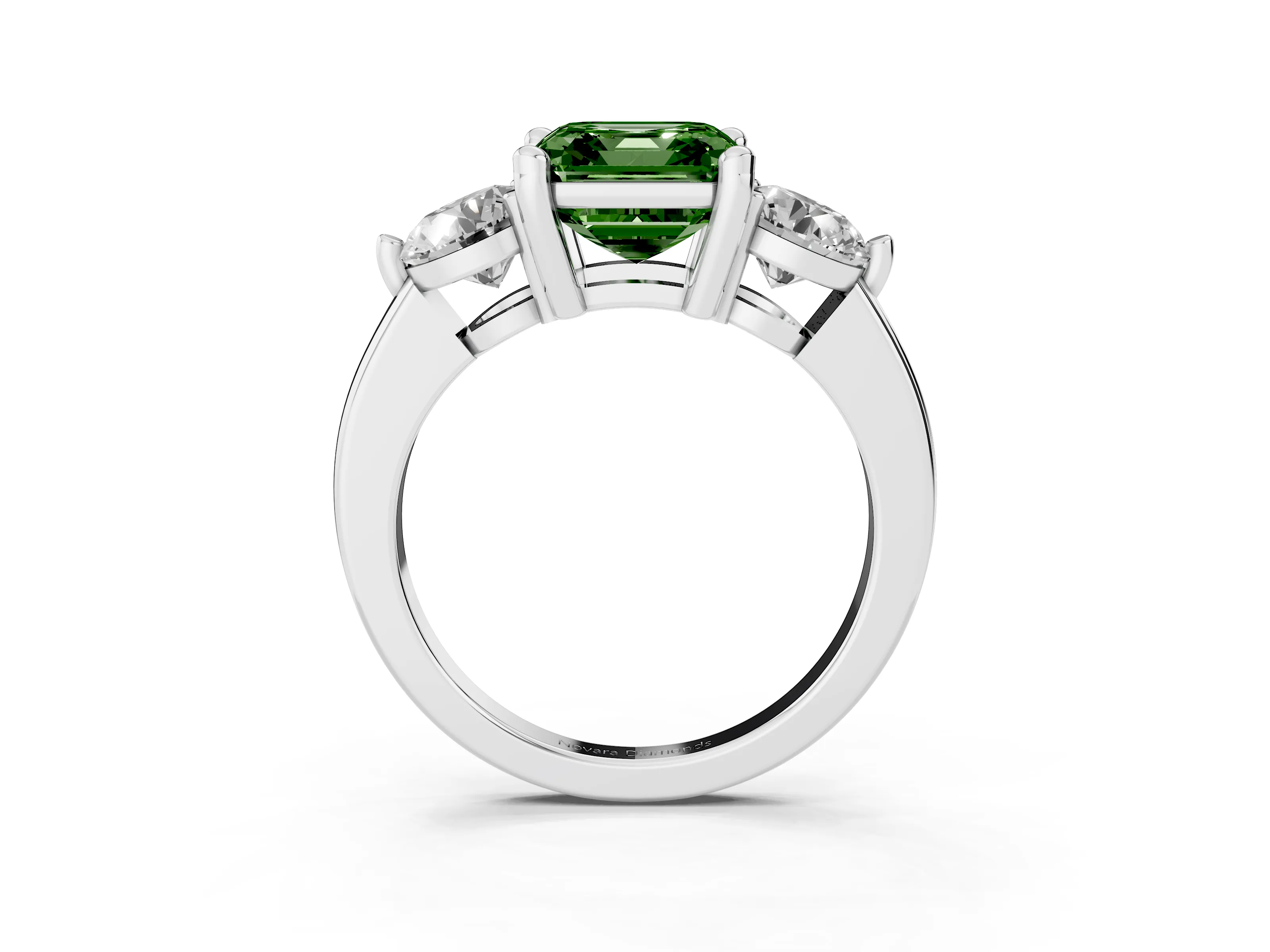 Fancy Green Asscher Cut Diamond Three-Stone Ring Set in White gold with Prong Setting and Classic Band