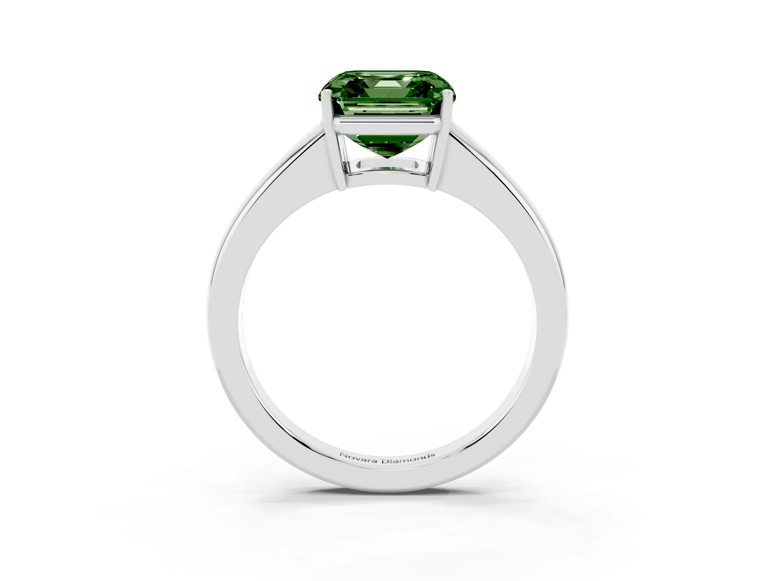 Fancy Green Asscher Cut Diamond Solitaire Ring Set in White gold with Tapered Band and Prong Setting