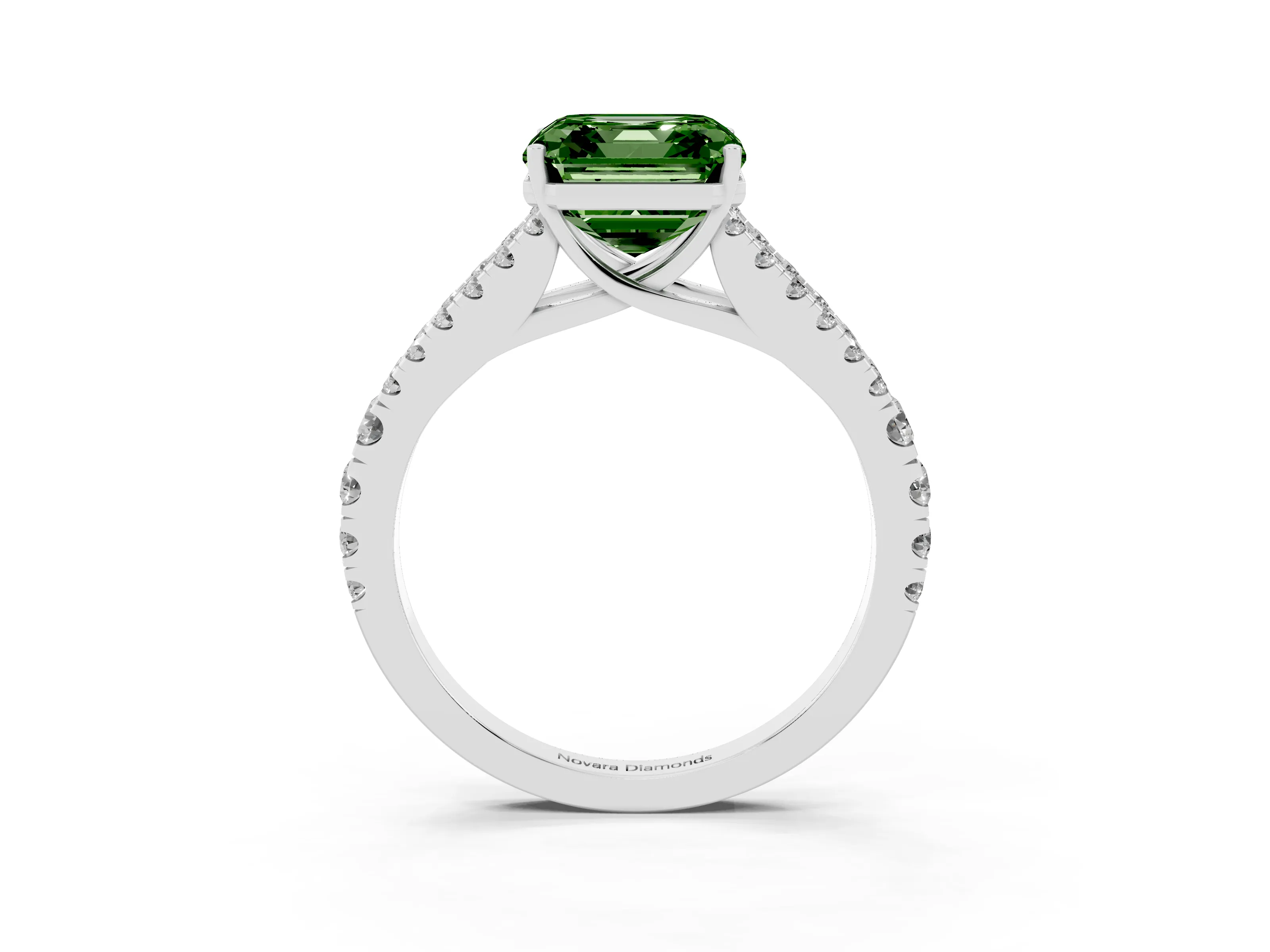 Fancy Green Asscher Cut Diamond Split Shank Engagement Ring Set in White gold with Round Pavé and Prong Setting
