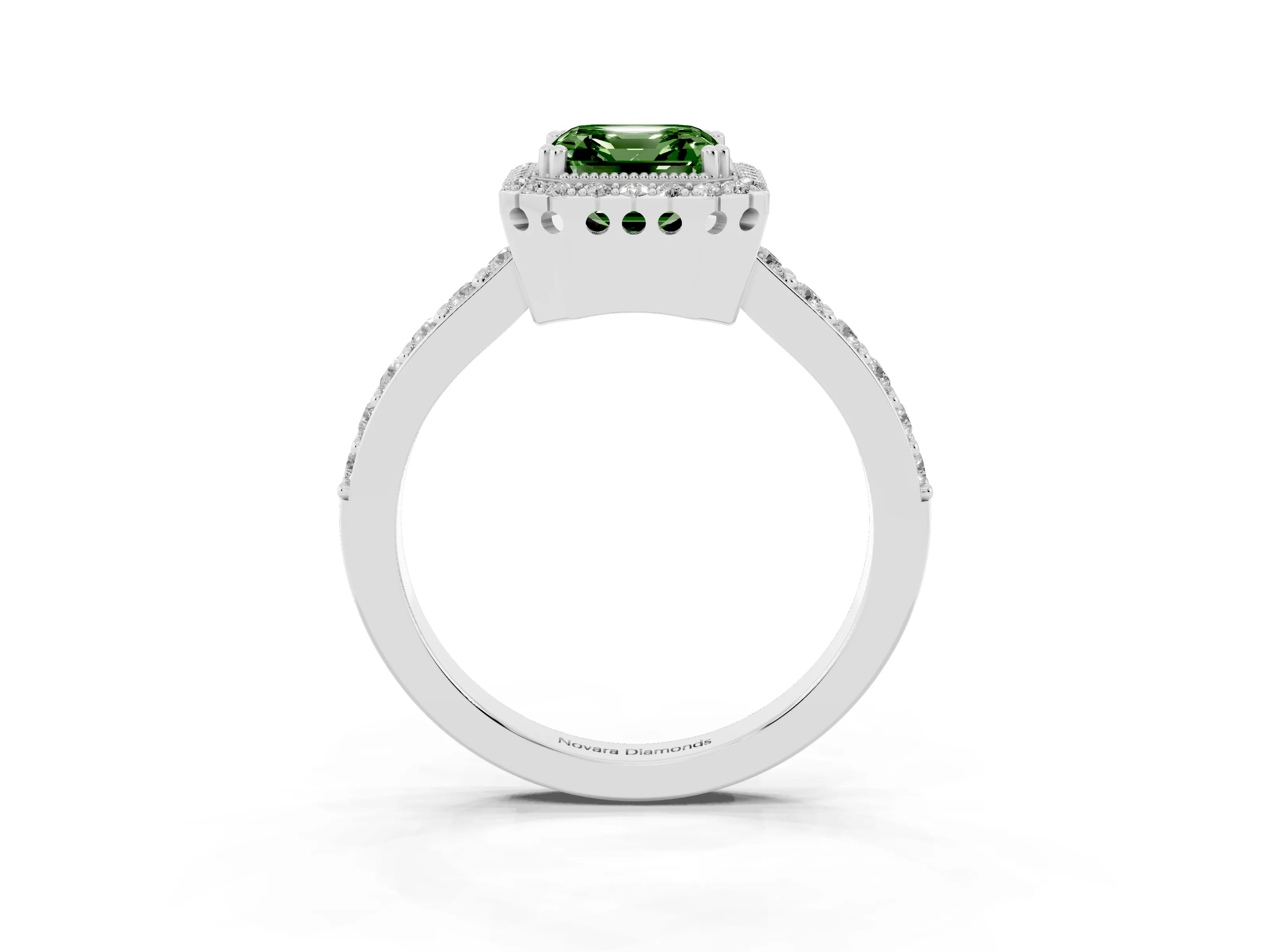 Fancy Green Asscher Cut Diamond Halo Engagement Ring Set in Platinum with Milgrain Detail and Pavé Band