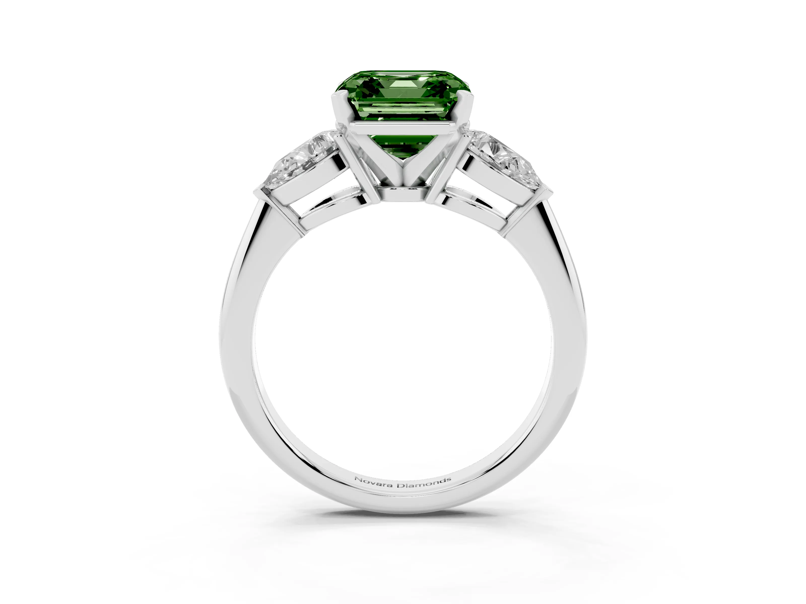 Fancy Green Three-Stone Asscher Cut Diamond Ring Set in Silver with Pear Side Stones and Prong Setting