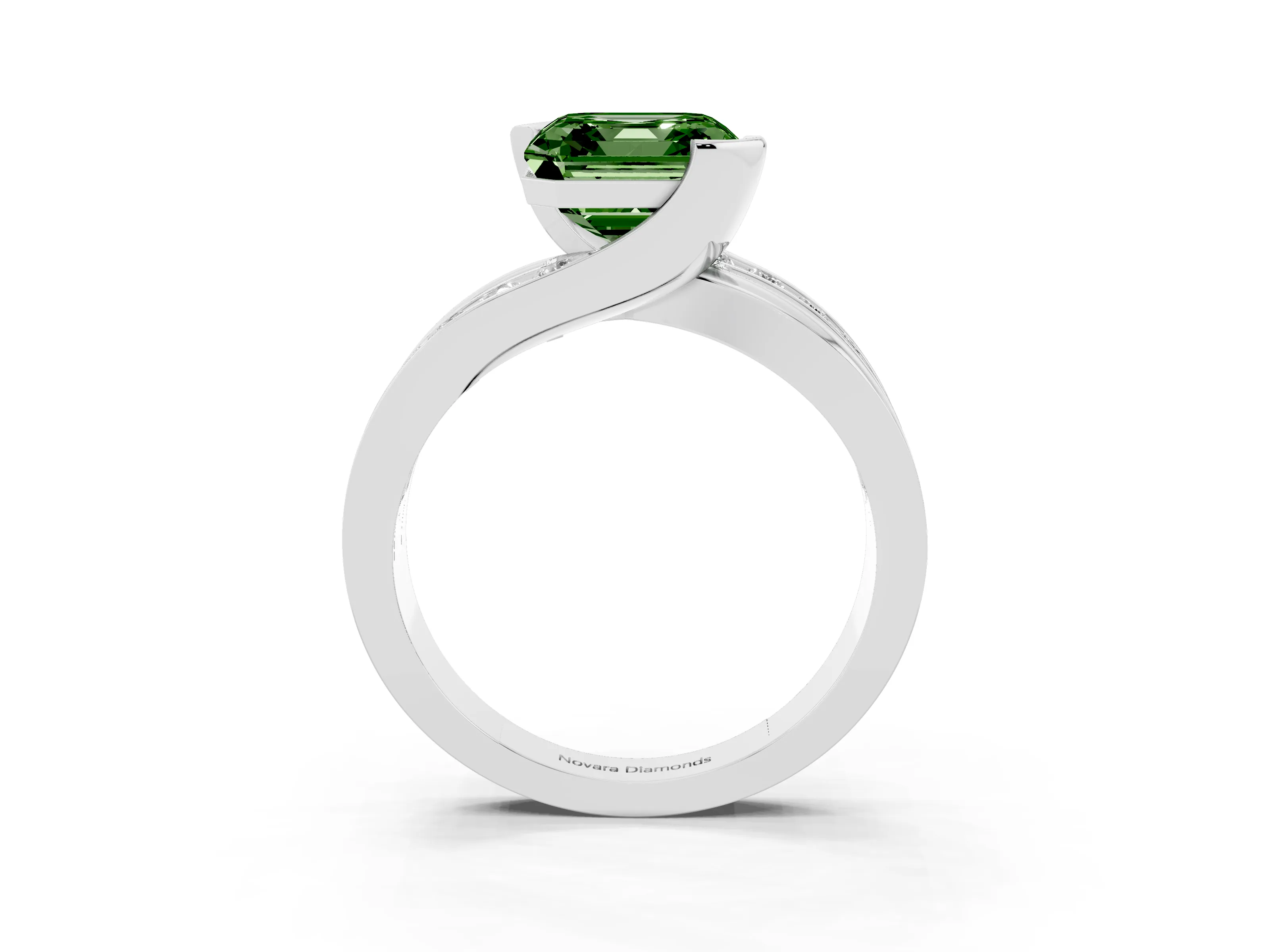 Fancy Green Asscher Cut Diamond Solitaire Ring Set in Platinum with Channel Set Split Shank and Tension Prongs