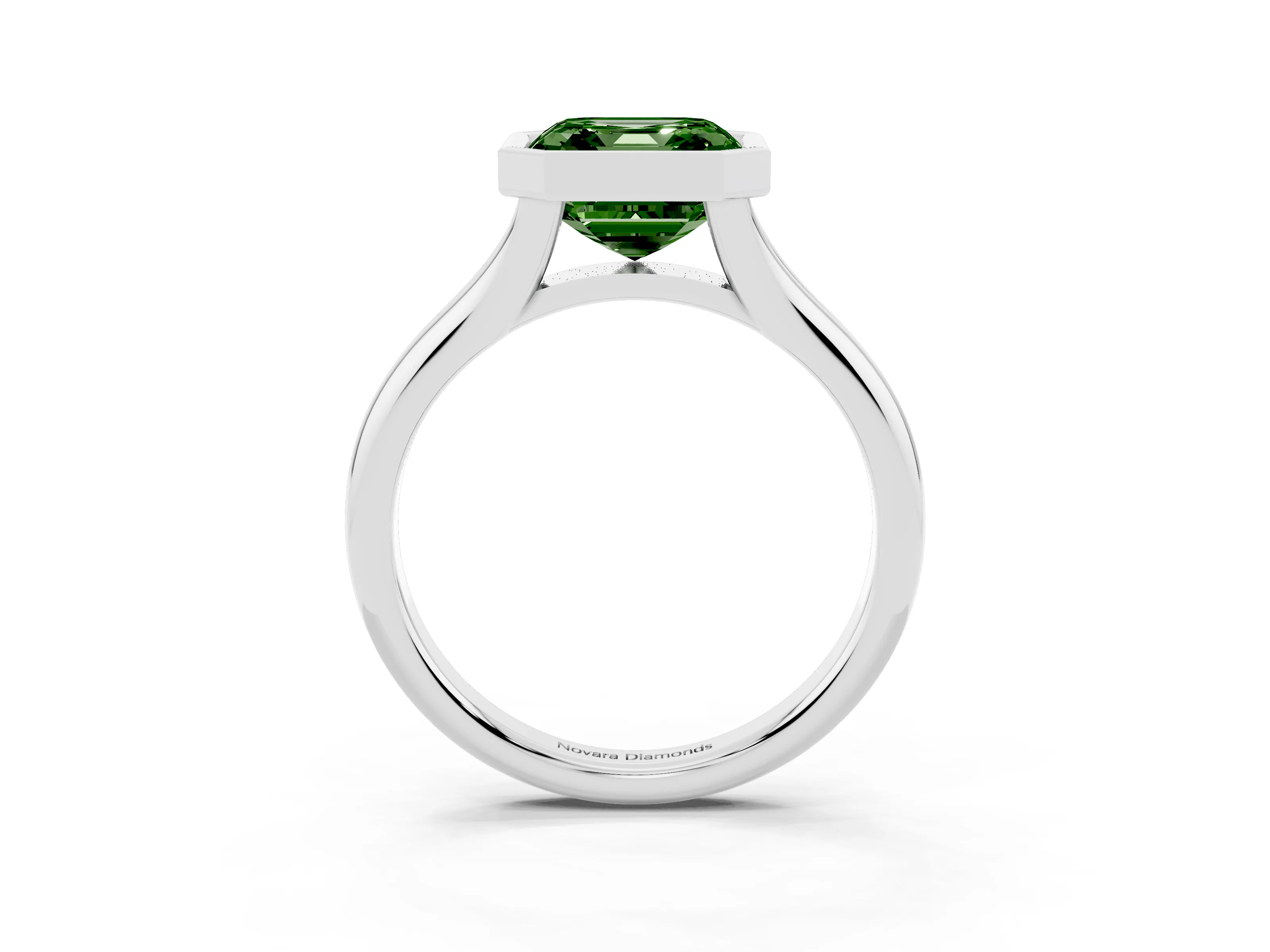 Fancy Green Bezel Set Asscher Cut Diamond Solitaire Ring Set in White gold with Smooth Band