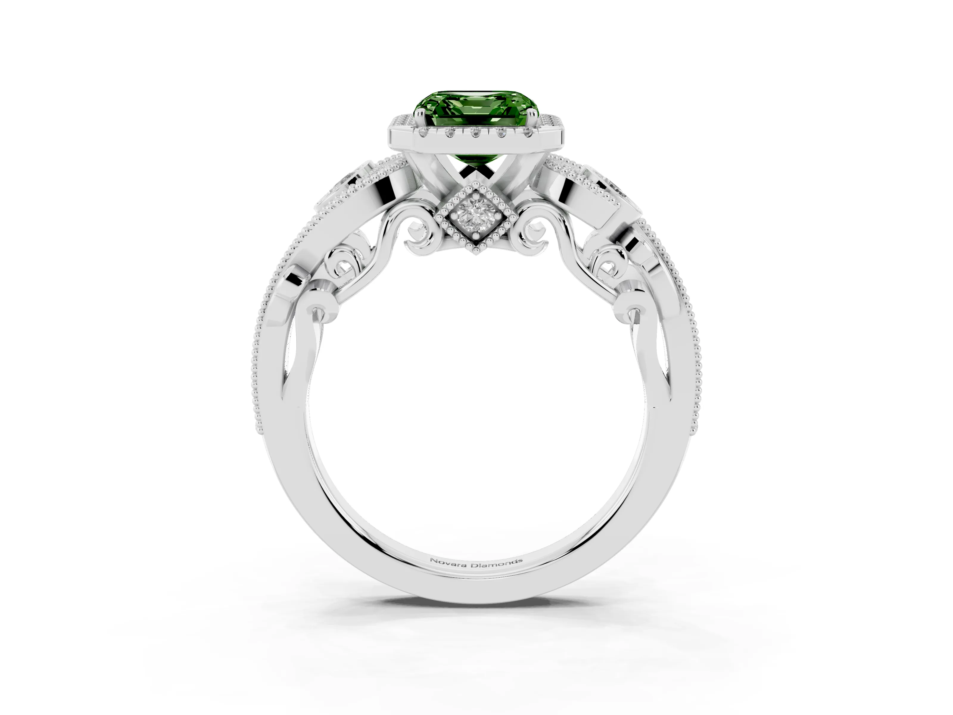 Fancy Green Asscher Cut Diamond Halo Ring Set in Platinum with Milgrain Pavé Band and Prong Setting