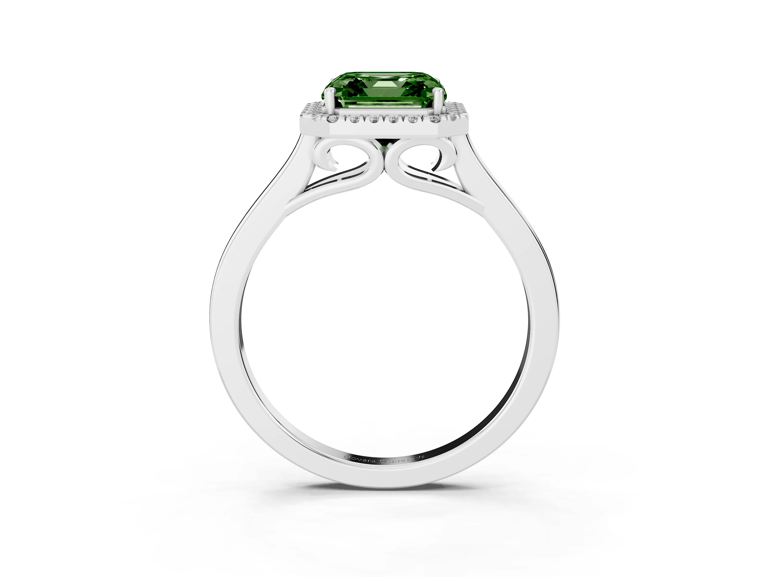 Fancy Green Asscher Cut Halo Round Diamond Solitaire Ring Set in White gold with Pavé Band and Prong Setting