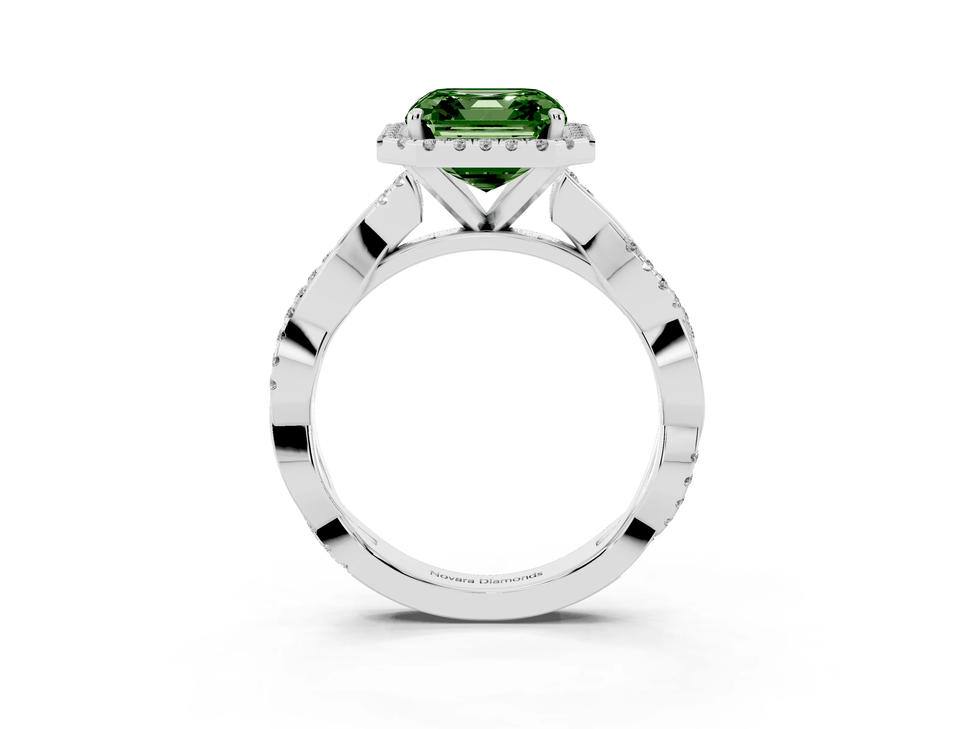 Fancy Green Asscher Cut Diamond Halo Twisted Band Ring Set in White gold with Prong Setting