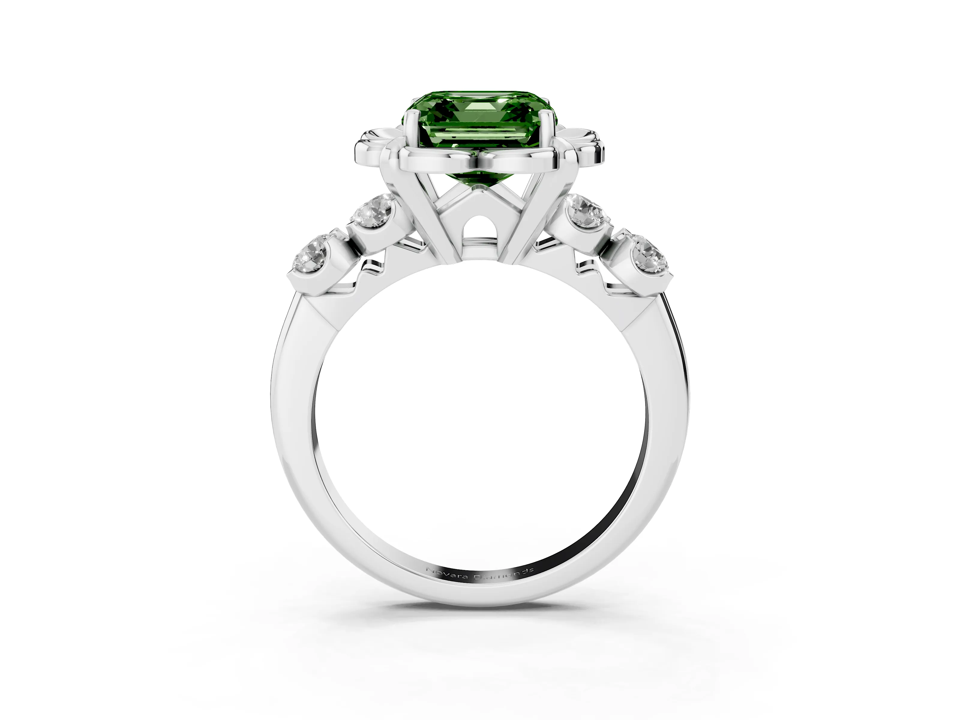Fancy Green Asscher Cut Diamond Floral Halo Ring Set in White gold with Shared Prong Band
