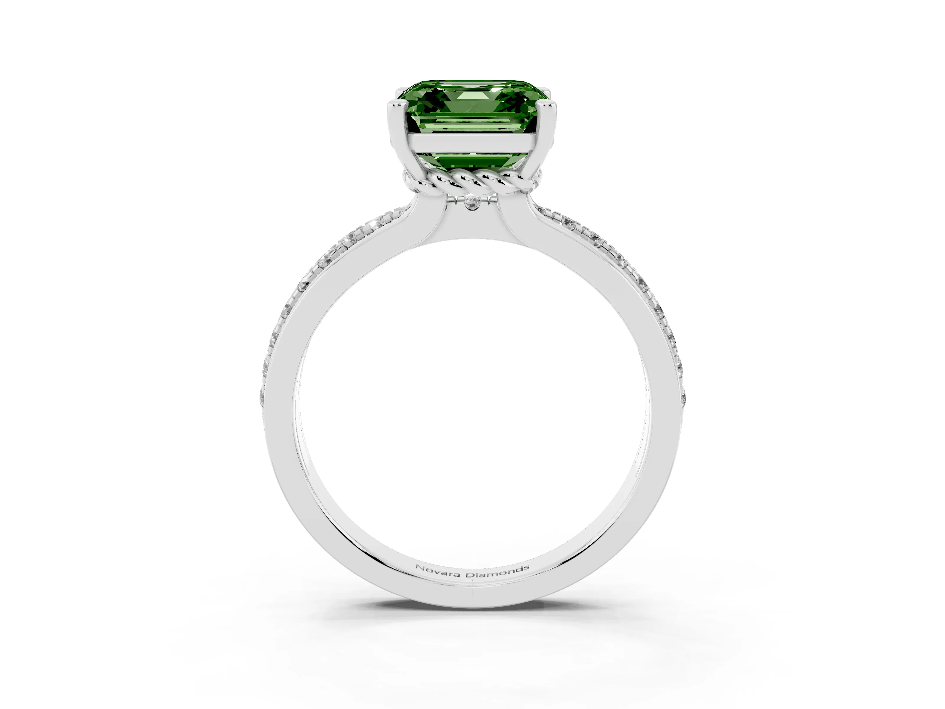Fancy Green Asscher Cut Diamond Solitaire Ring Set in White gold with Channel Set Band and Prong Setting