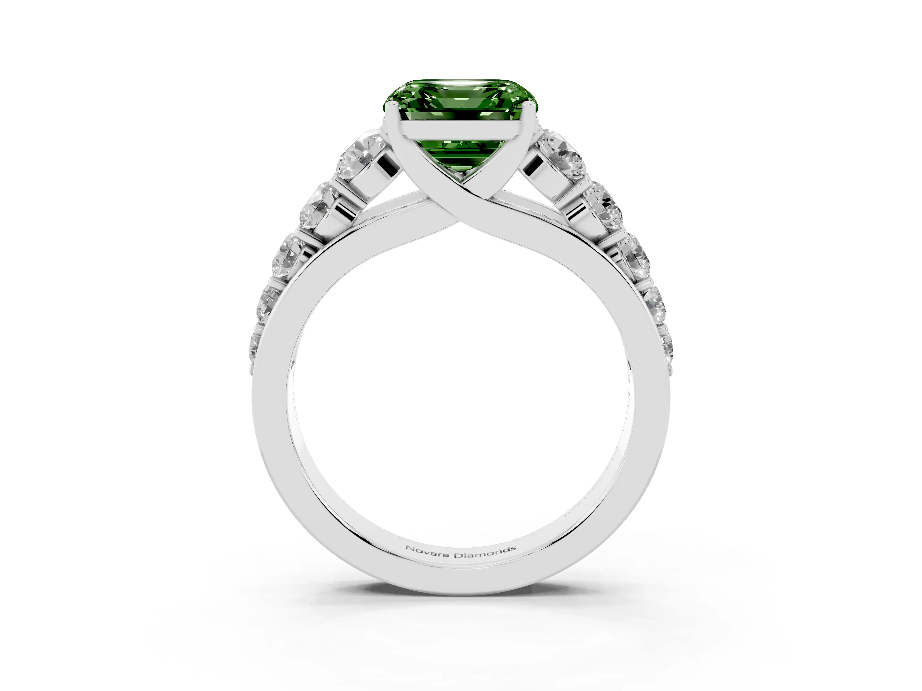 Fancy Green Asscher Cut Diamond Solitaire Ring Set in Silver with Pavé-Set Band and Prong Setting