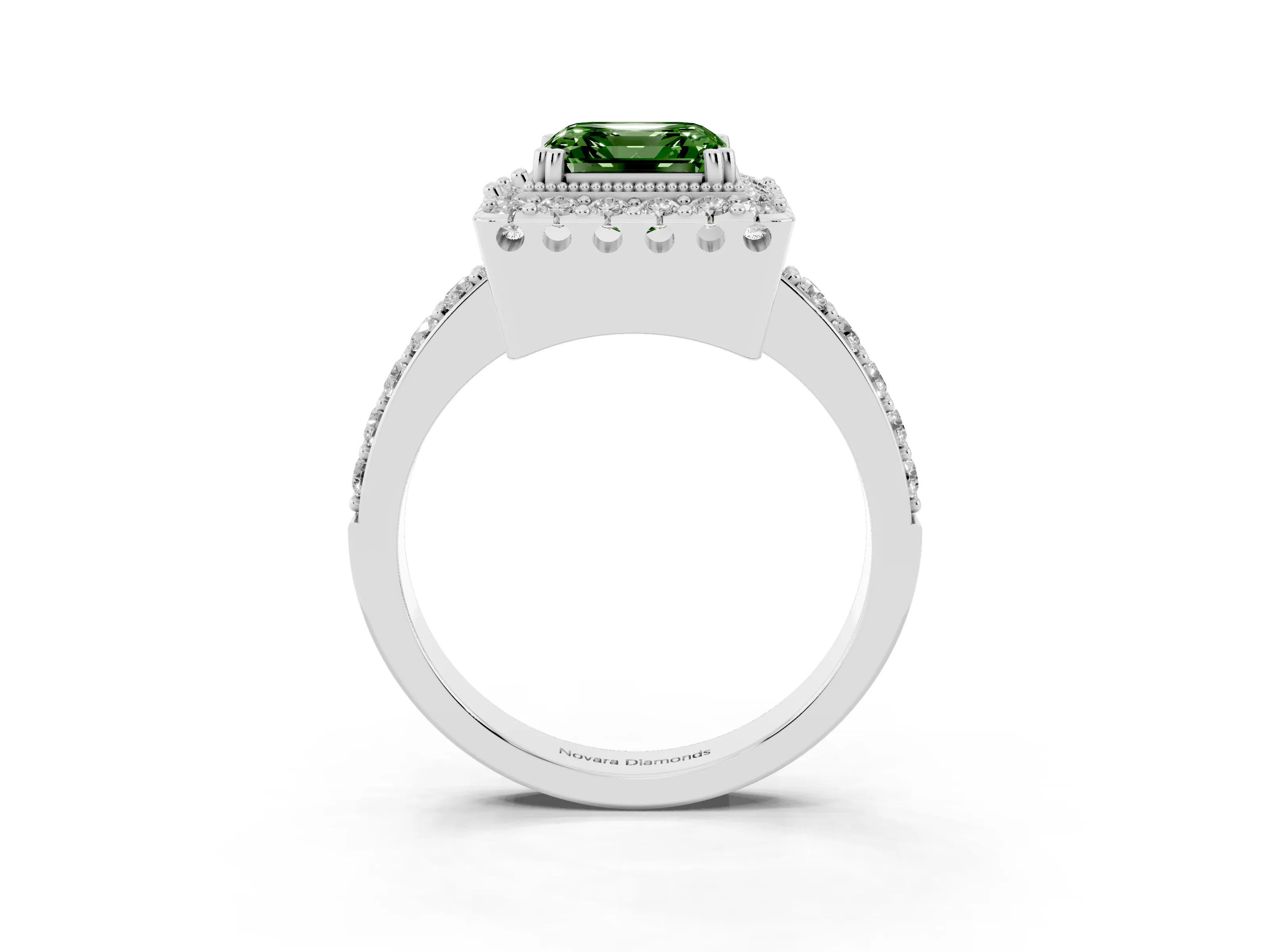 Fancy Green Asscher Cut Diamond Halo Ring Set in White gold with Pavé Shank and Prong Setting