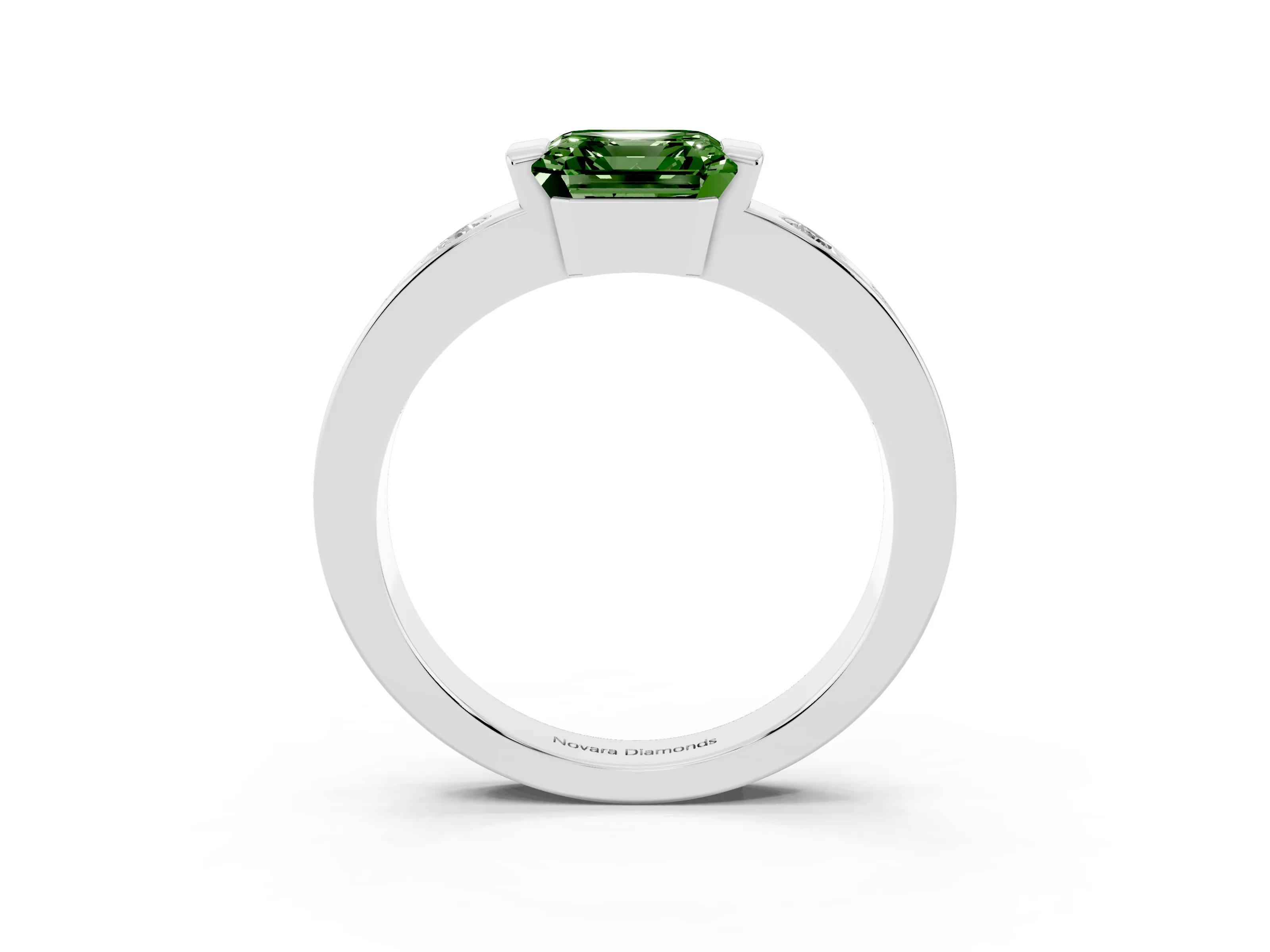 Fancy Green Asscher Cut Diamond Channel-Set Band Ring Set in Silver with Bezel Prong Setting