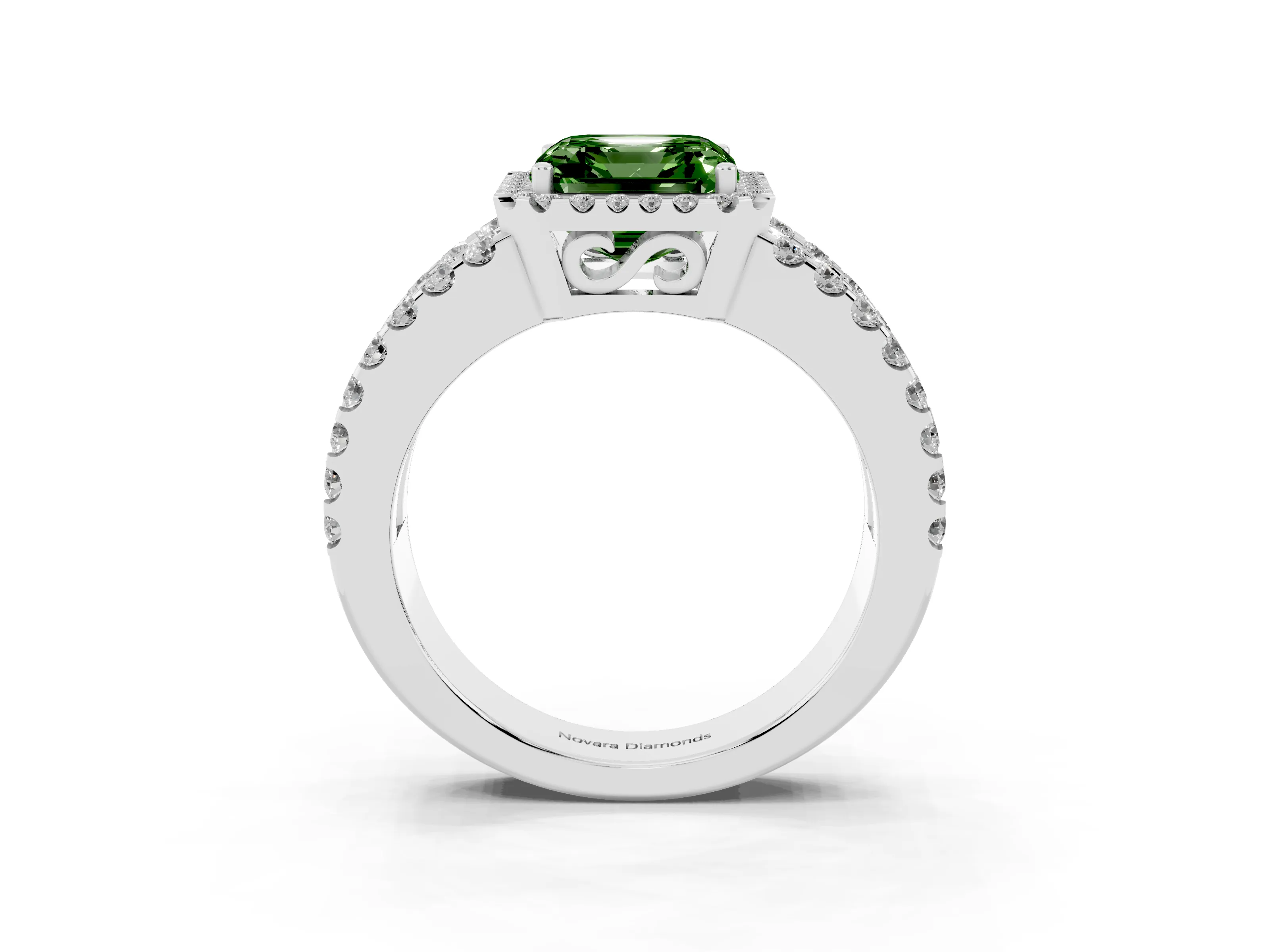 Fancy Green Asscher Cut Diamond Halo Ring Set in Platinum with Pavé Split Shank and Prong Setting
