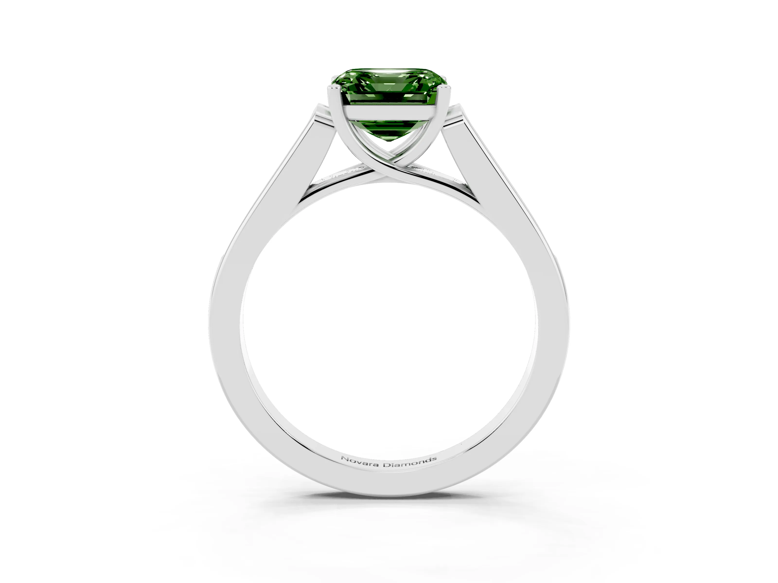 Fancy Green Asscher Cut Diamond Solitaire Cathedral Engagement Ring Set in White gold with Channel-Set Band and Prong Setting