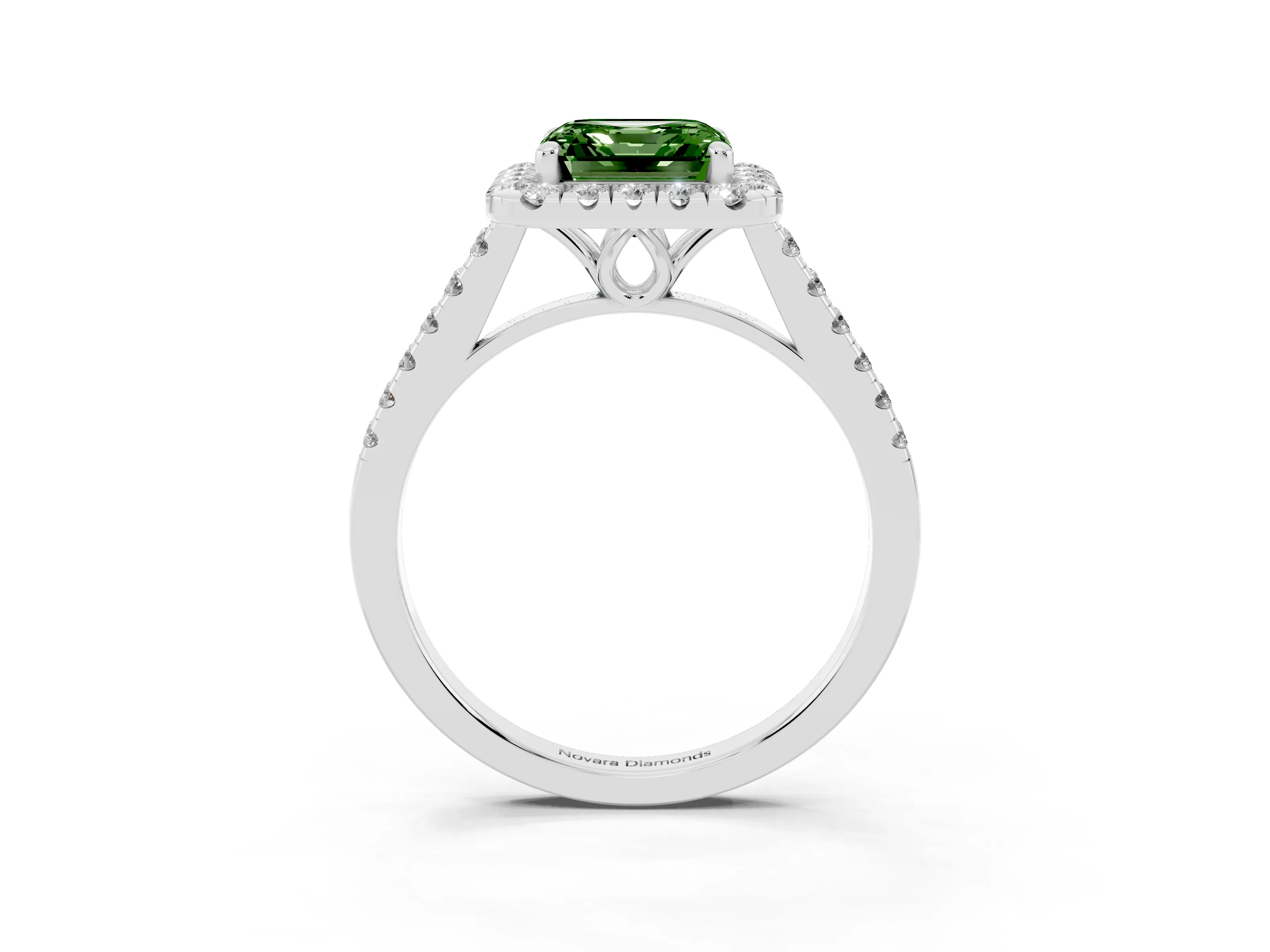 Fancy Green Asscher Cut Diamond Pavé Halo Engagement Ring Set in White gold with Pavé Band and Prong Setting