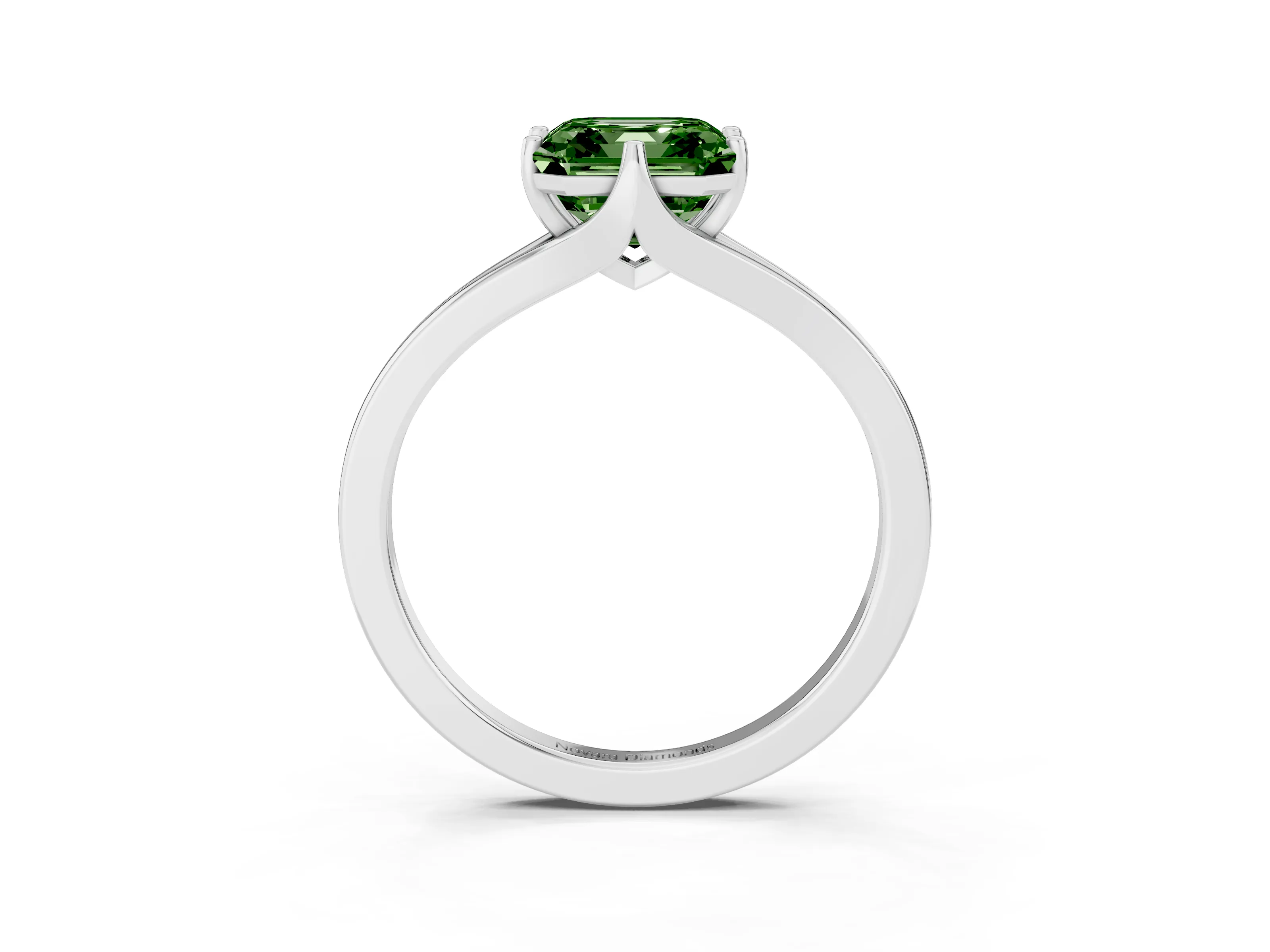 Fancy Green Asscher Cut Diamond Solitaire Ring Set in White gold with Polished Tapered Band and Prong Setting