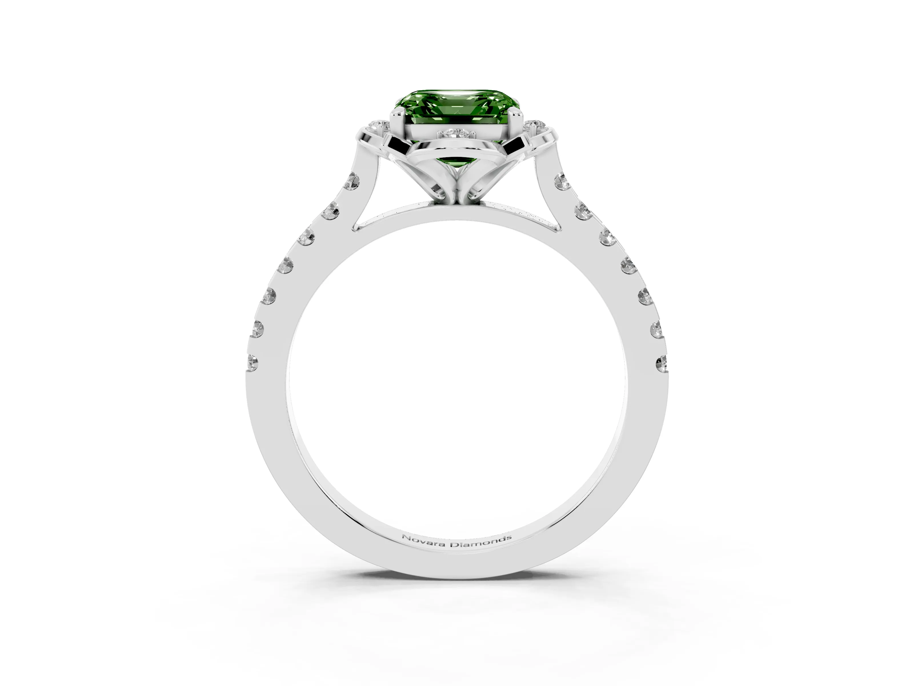 Fancy Green Asscher Cut Diamond Solitaire Ring Set in White gold with Pavé Band and Floral Prong Setting