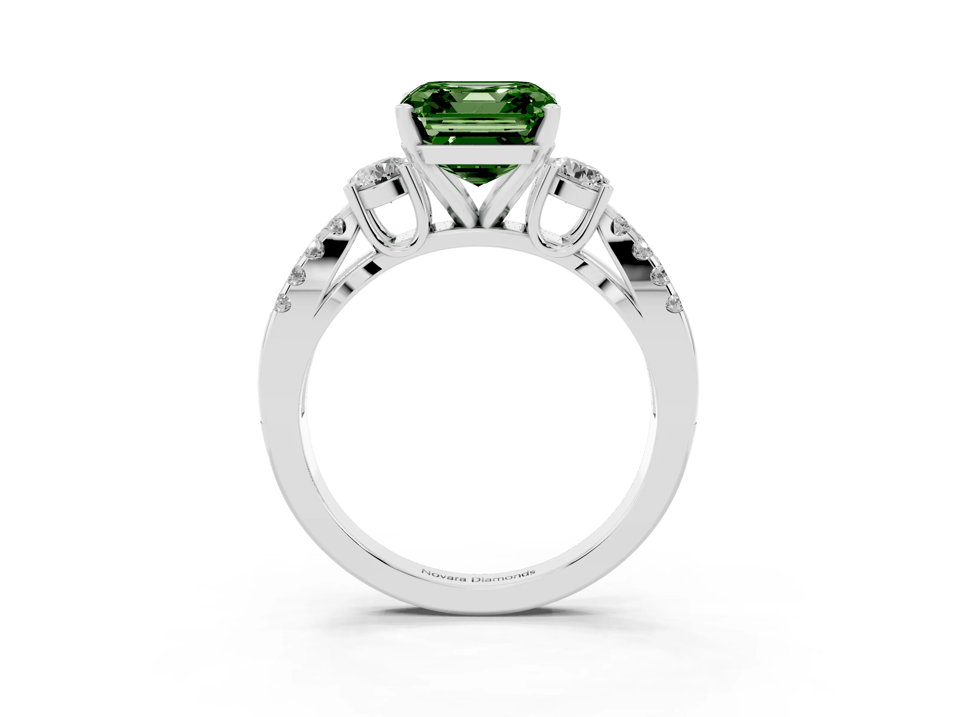 Fancy Green Asscher Cut Diamond Three-Stone Ring Set in Platinum with Pavé Split Shank and Prong Setting