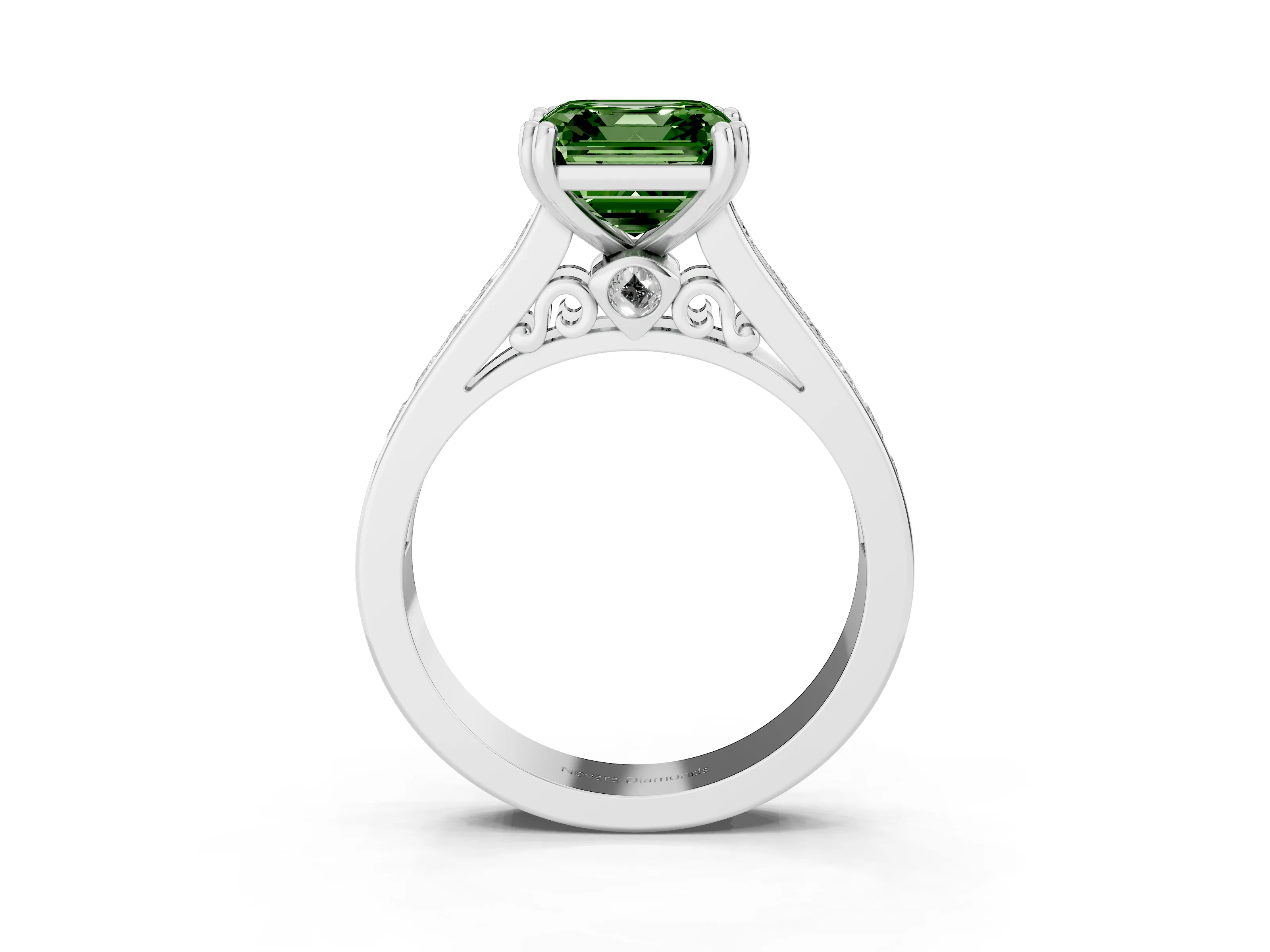Fancy Green Asscher Cut Diamond Channel Set Solitaire Engagement Ring Set in White gold with Prong Setting