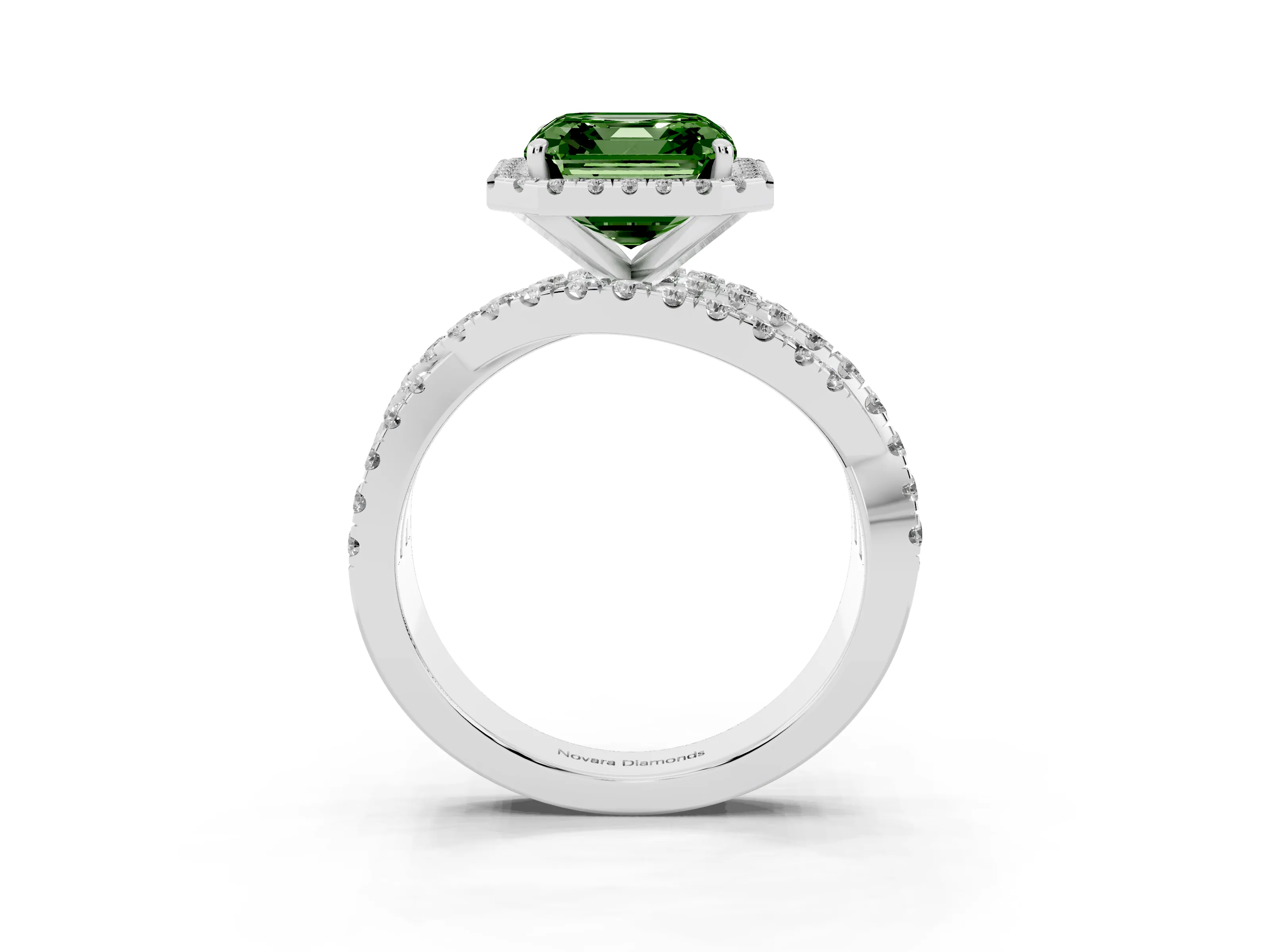 Fancy Green Asscher Cut Diamond Halo Ring Set in White gold with Round Crossover Split Shank and Prong Setting