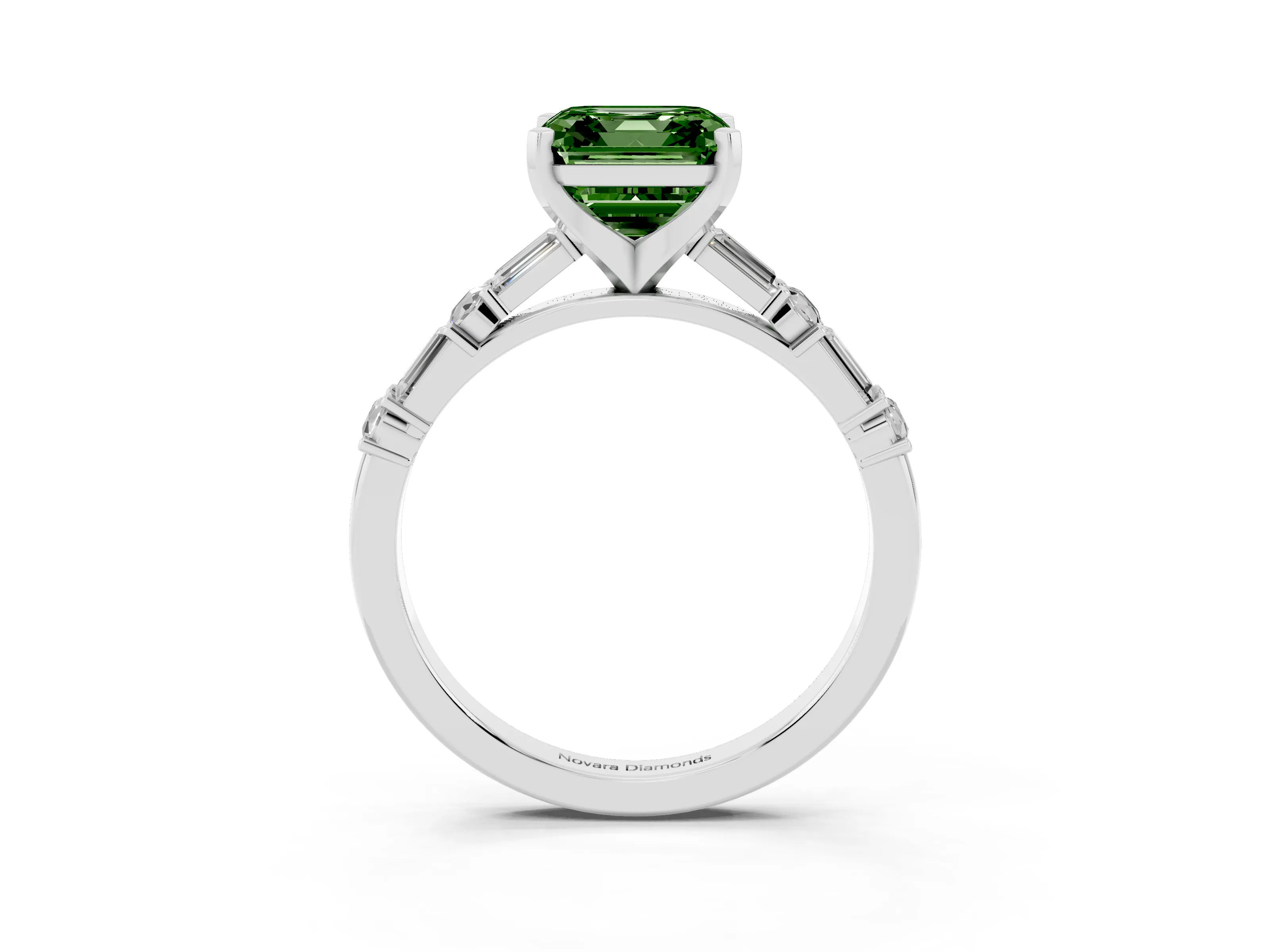 Fancy Green Asscher Cut Diamond Solitaire Set in White gold with Side Baguettes and Channel Set Band