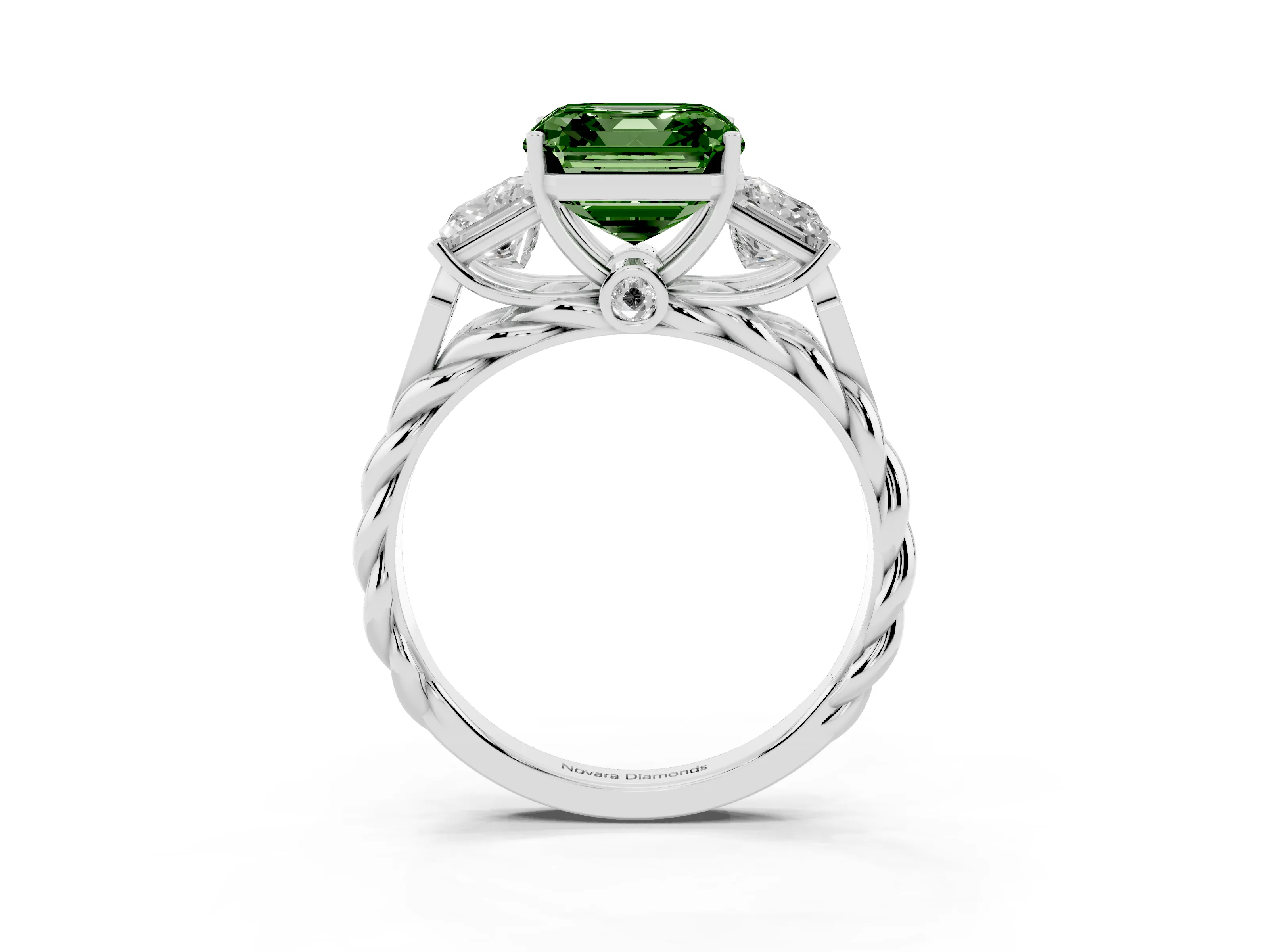 Fancy Green Asscher Cut Diamond Three-Stone Ring Set in White gold with Braided Band