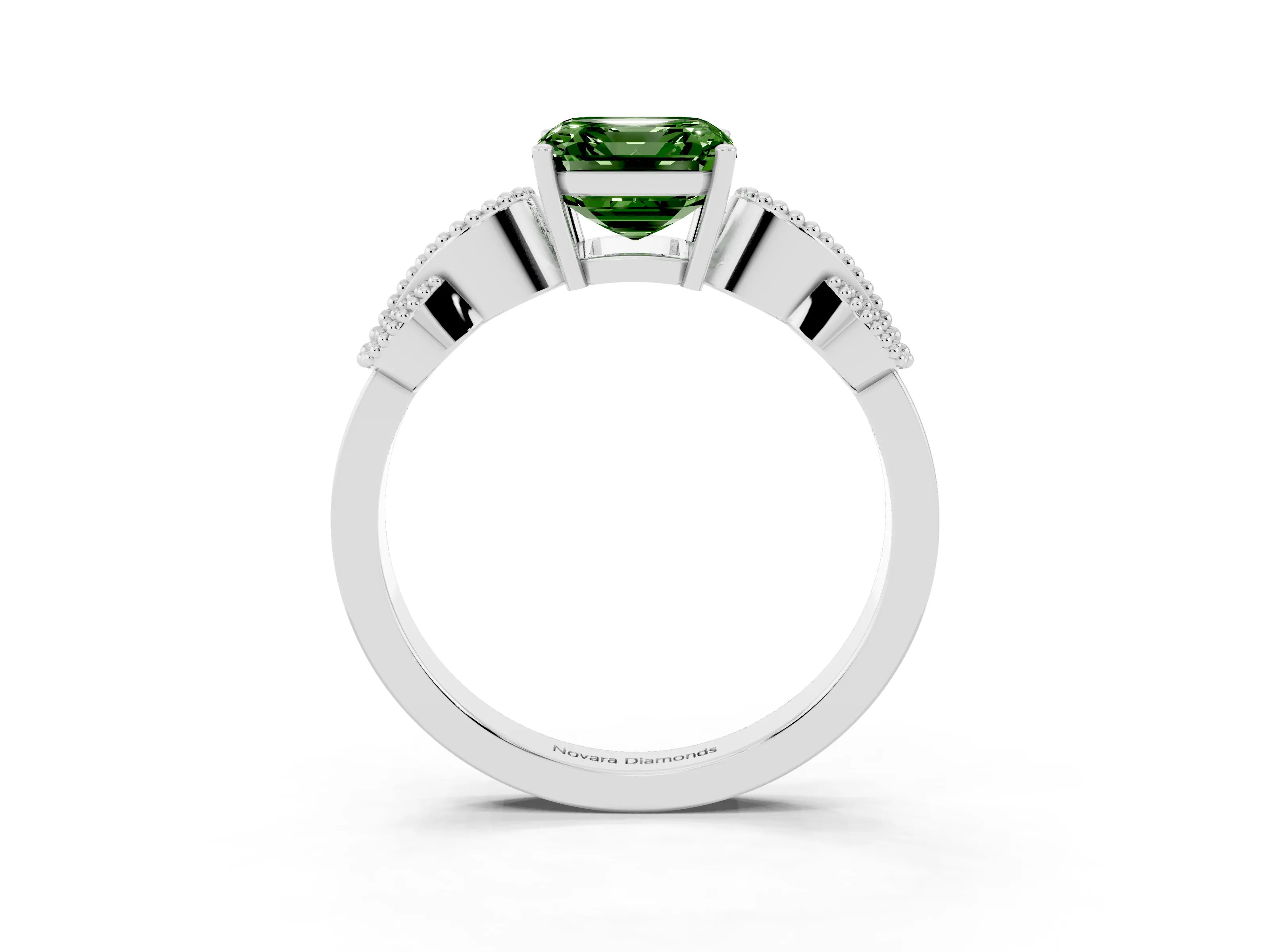 Fancy Green Asscher Cut Diamond Milgrain Leaf Band Solitaire Ring Set in White gold with Accent Stones and Prong Setting