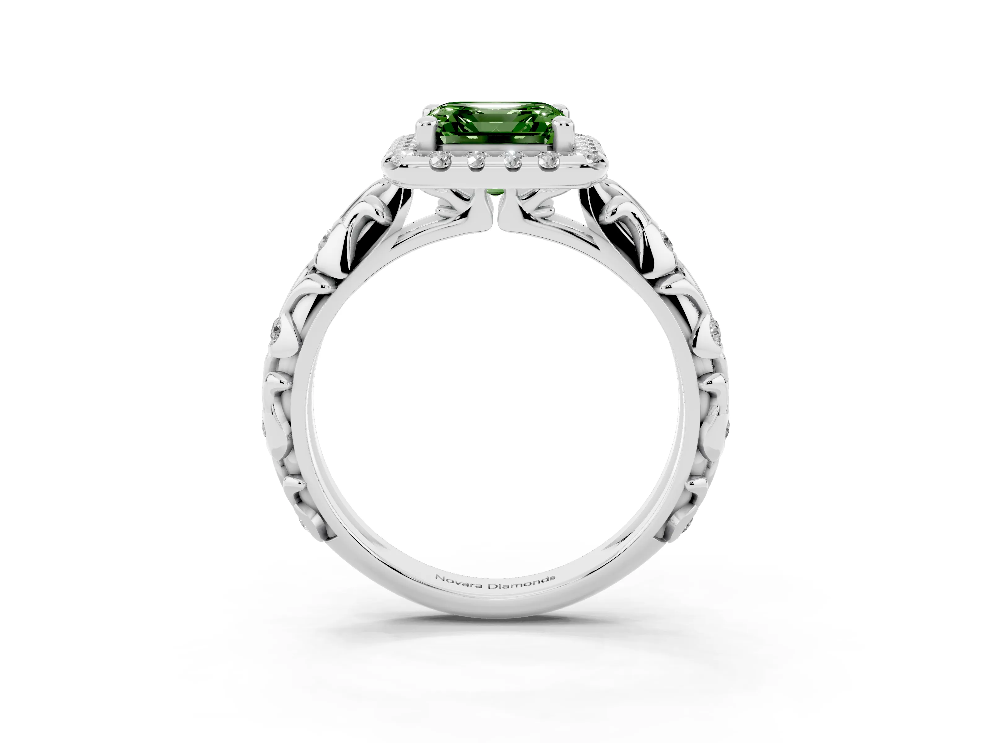 Fancy Green Asscher Cut Diamond Halo Ring Set in Platinum with Filigree Leaf Band and Prong Setting