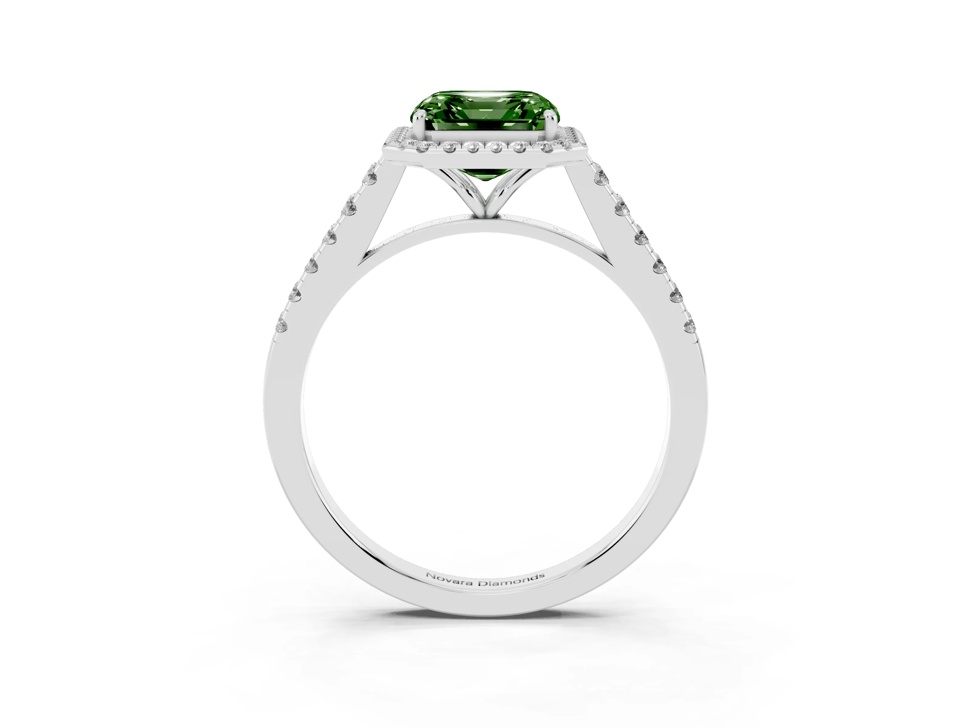 Fancy Green Asscher Cut Diamond Halo Pavé Engagement Ring Set in White gold with Prong Setting