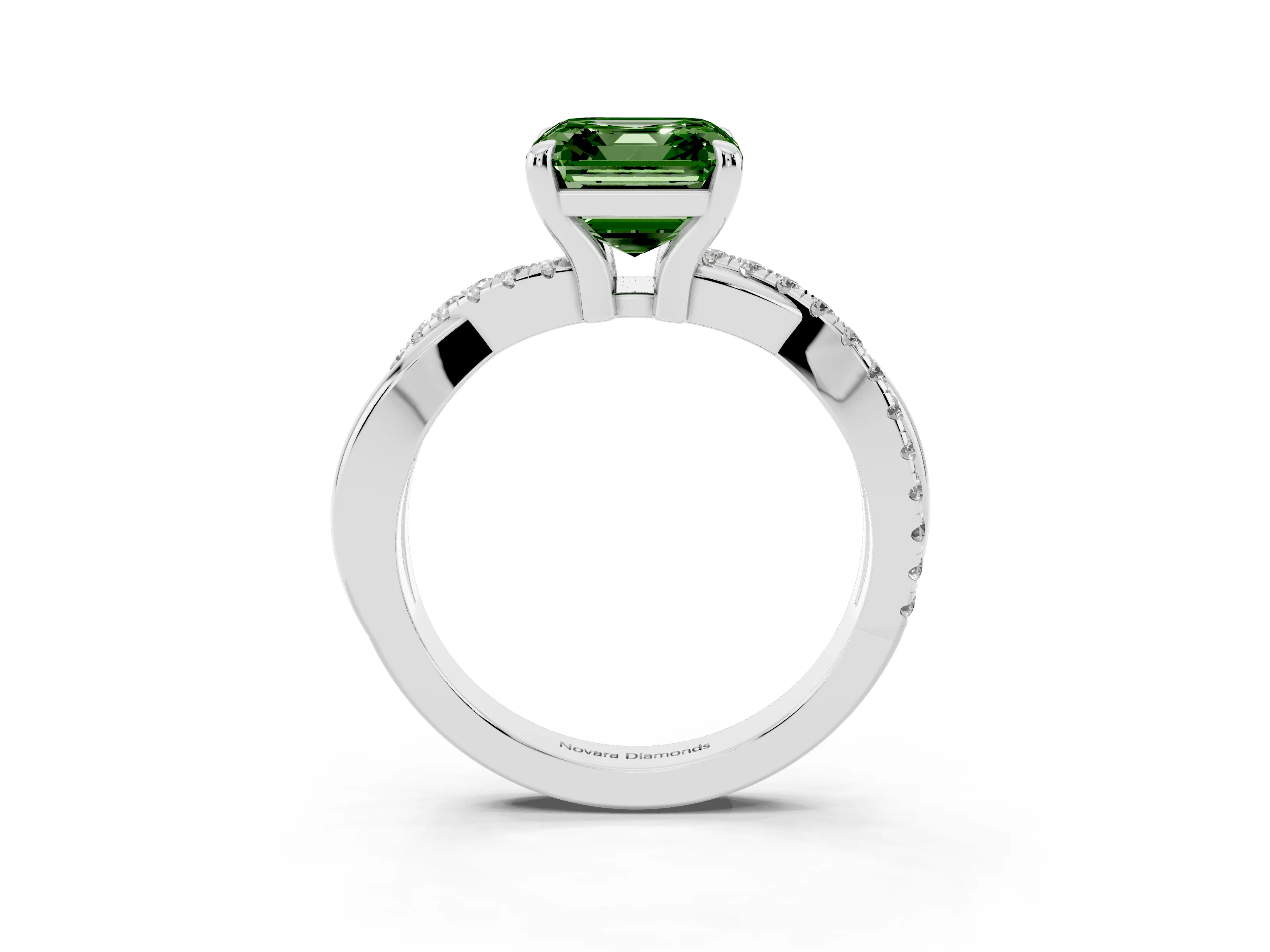 Fancy Green Asscher Cut Diamond Twist Band Pavé Solitaire Ring Set in White gold with Prong Setting
