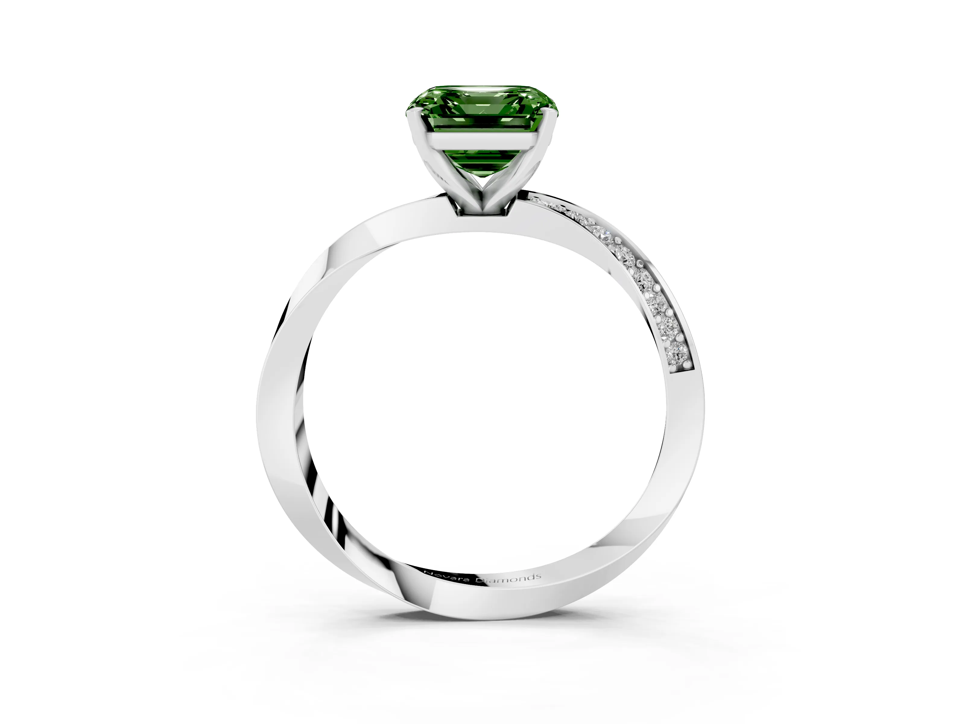 Fancy Green Asscher Cut Diamond Engagement Ring Set in White gold with Side Stone Accents and Prong Setting