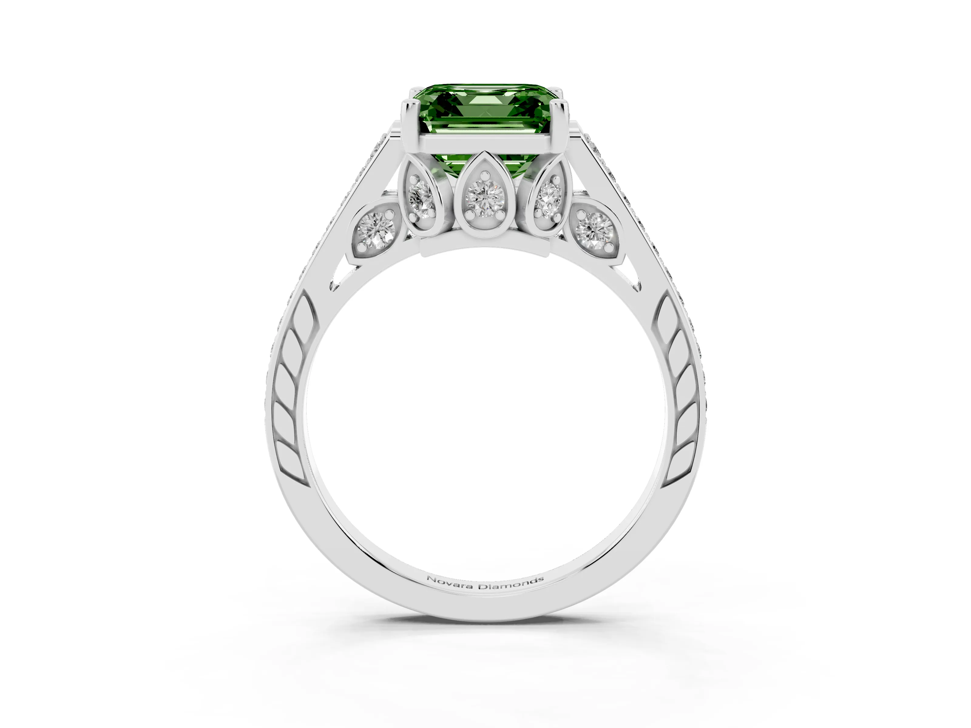 Fancy Green Asscher Cut Diamond Cathedral Pavé Engagement Ring Set in Silver with Prong Setting