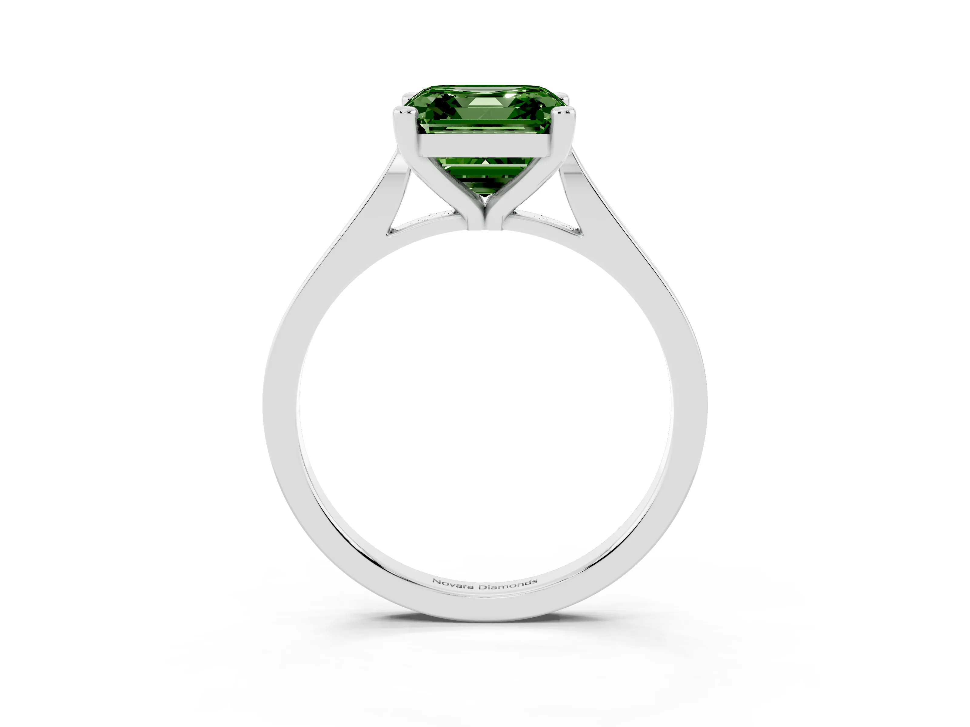 Fancy Green Asscher Cut Diamond Solitaire Ring Set in White gold with Prong Setting and Tapered Band