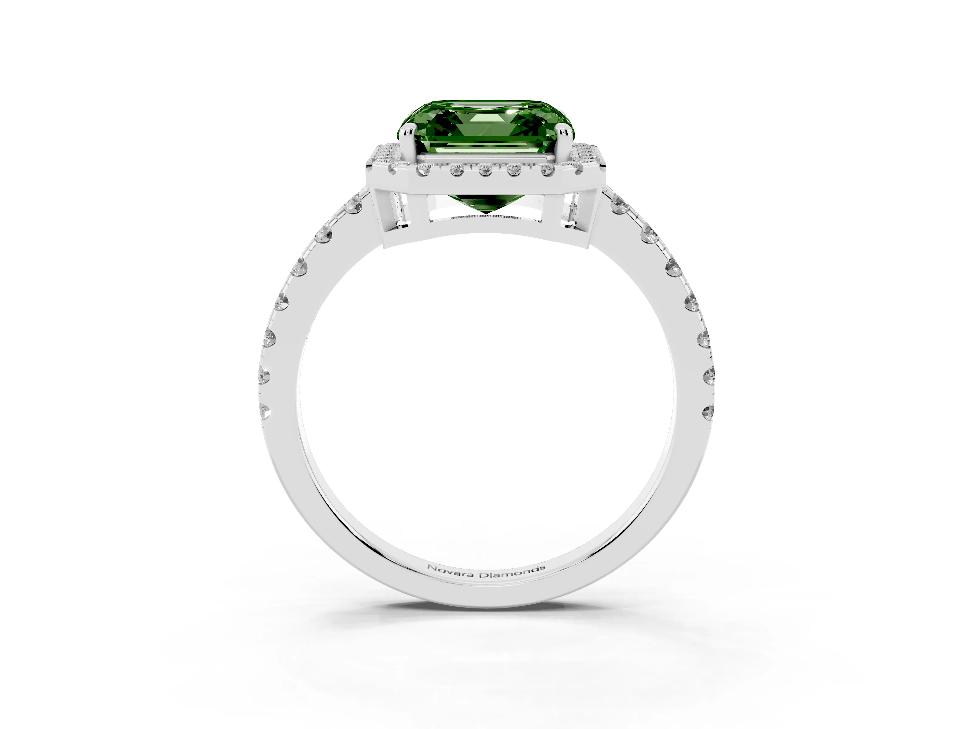 Fancy Green Asscher Cut Diamond Halo Ring Set in Silver with Delicate Pavé Band and Prong Setting