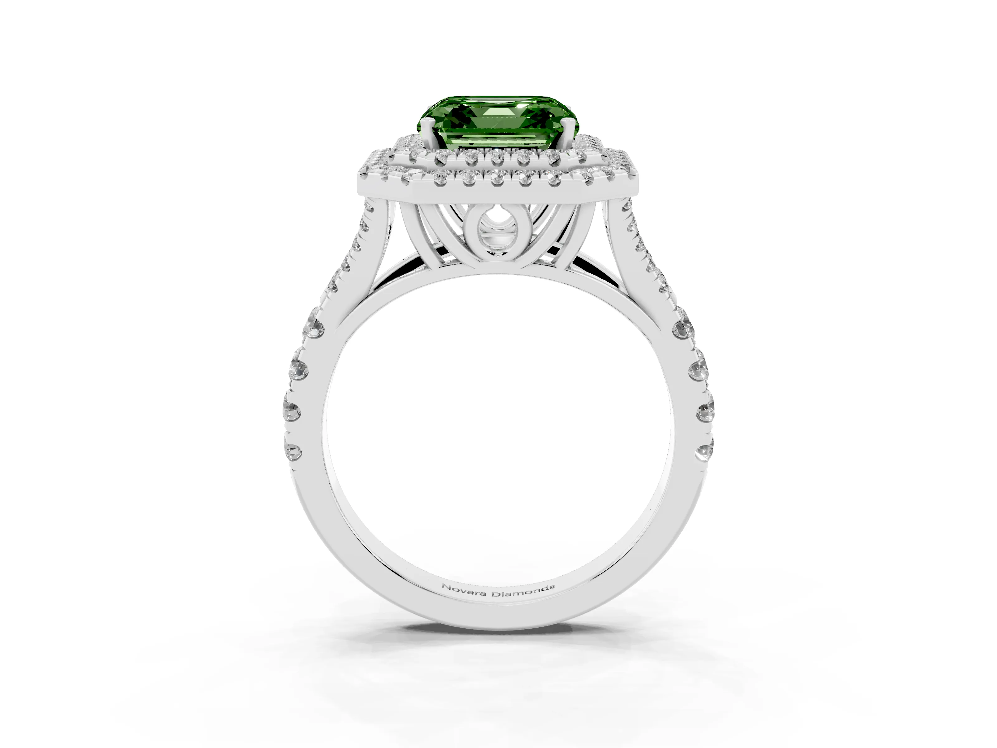 Fancy Green Asscher Cut Diamond Pavé Split Shank Double Halo Engagement Ring Set in White gold