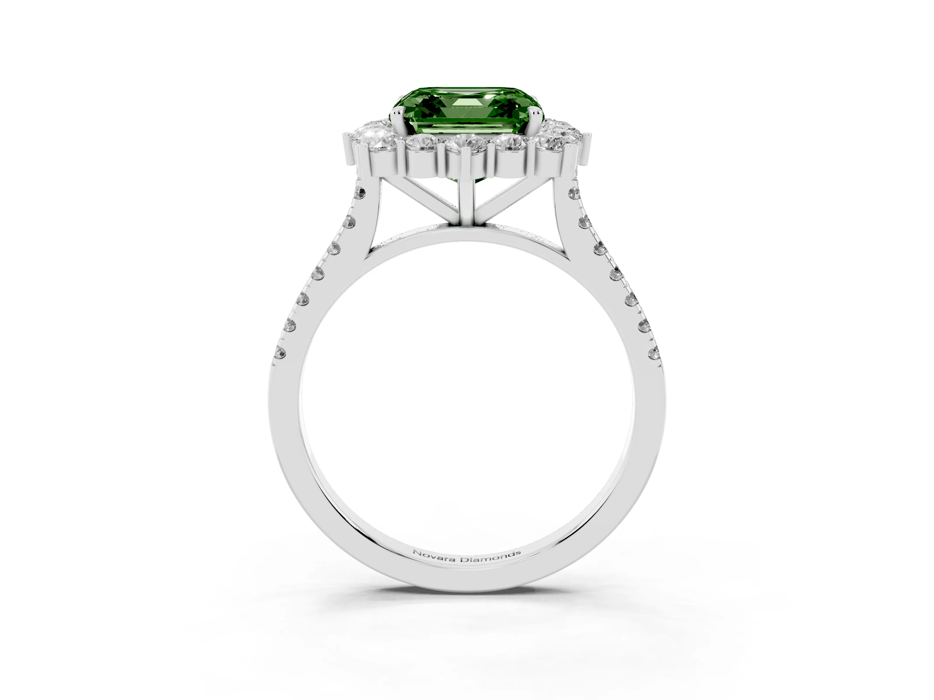 Fancy Green Asscher Cut Diamond Halo Ring Set in Silver with Pavé Band and Prong Setting