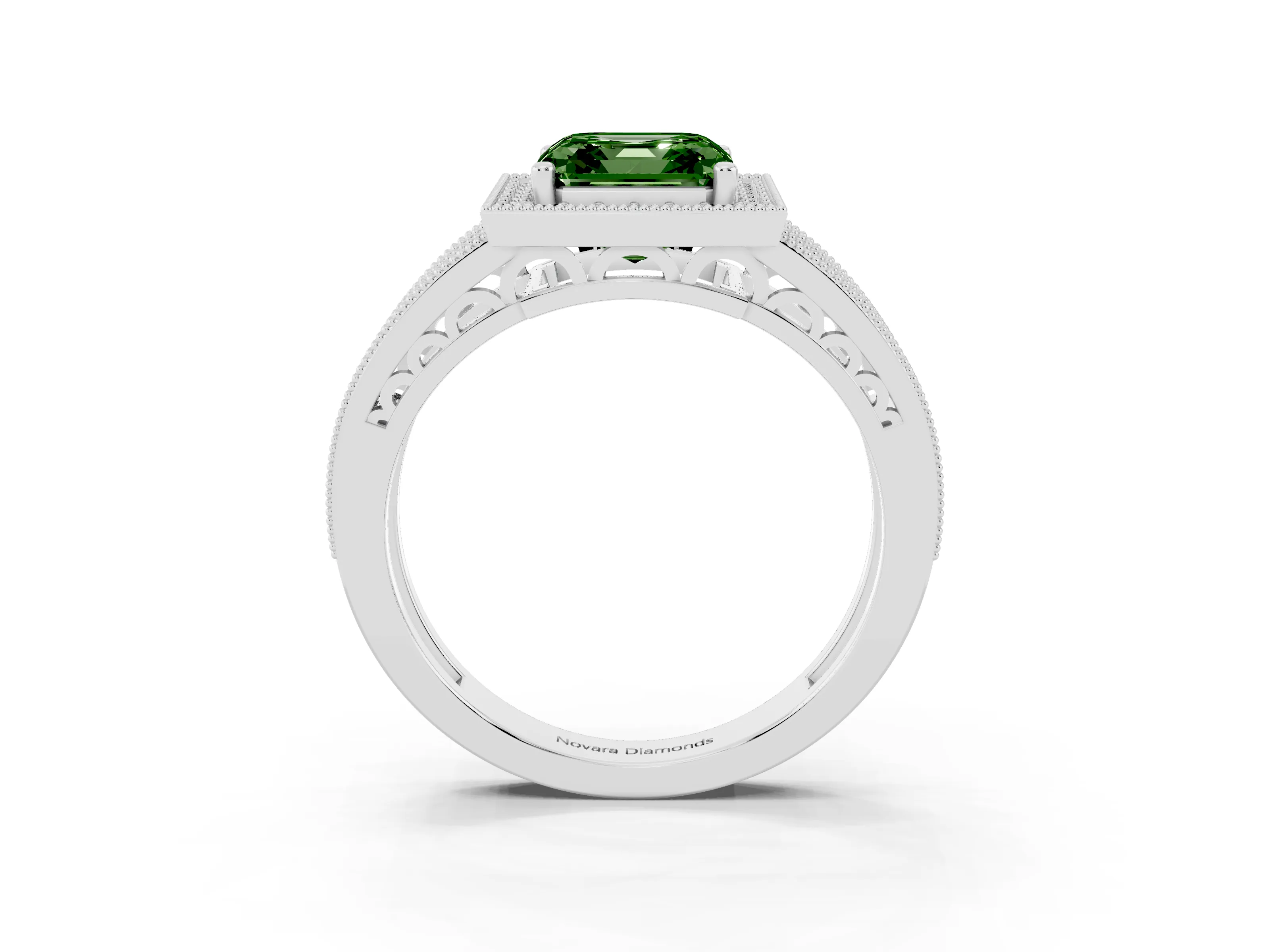 Fancy Green Asscher Cut Diamond Halo Ring Set in Silver with Accent Split Shank and Prong Setting