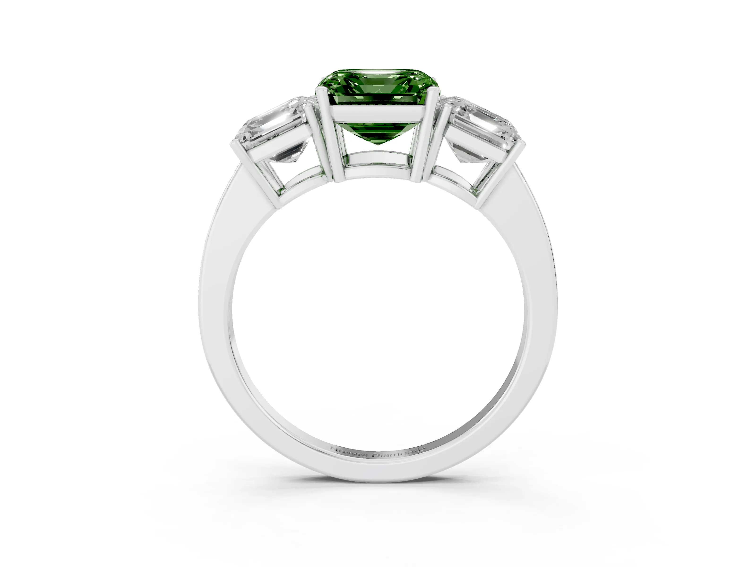 Fancy Green Asscher Cut Diamond Three-Stone Engagement Ring Set in White gold with Flat Band
