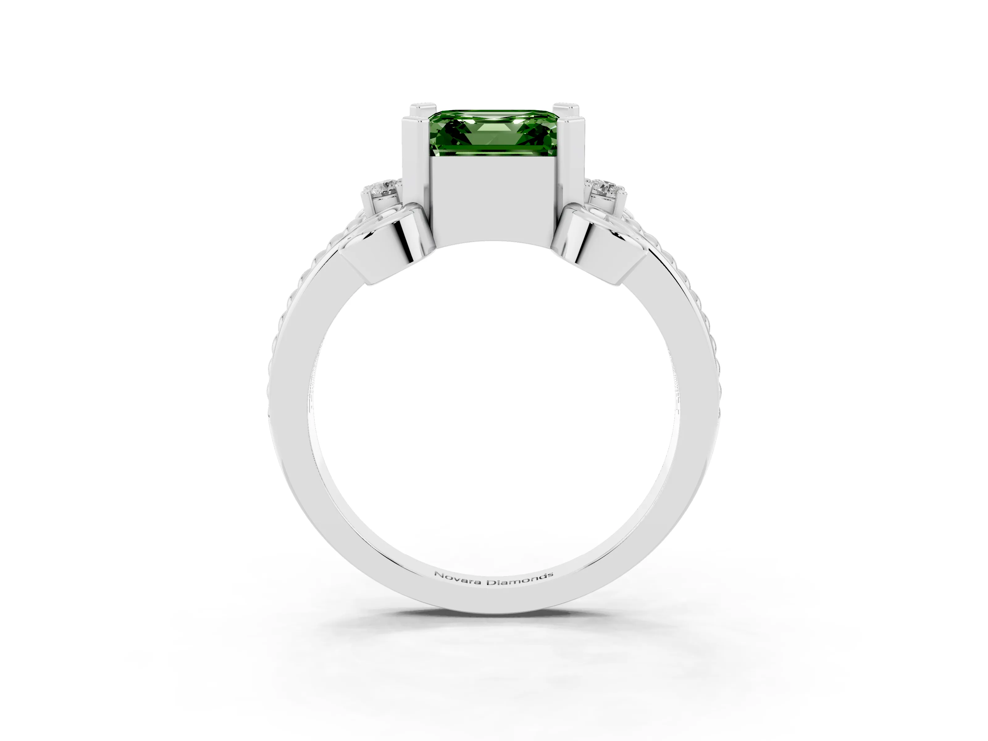 Fancy Green Asscher Cut Diamond Twisted Band Solitaire Ring Set in Platinum with Scroll Prongs