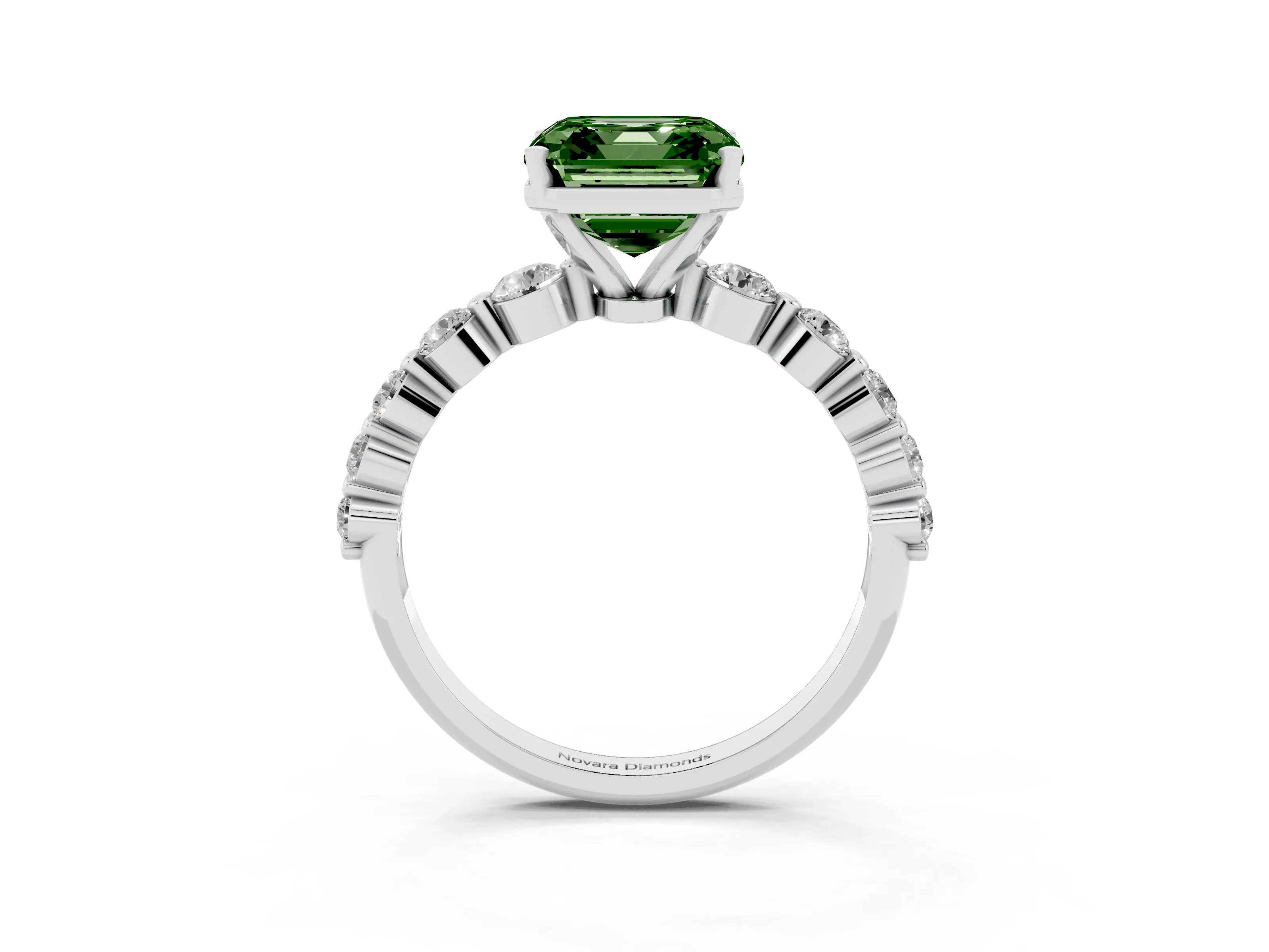 Fancy Green Asscher Cut Diamond Solitaire Ring Set in Platinum with Pavé Band and Prong Setting