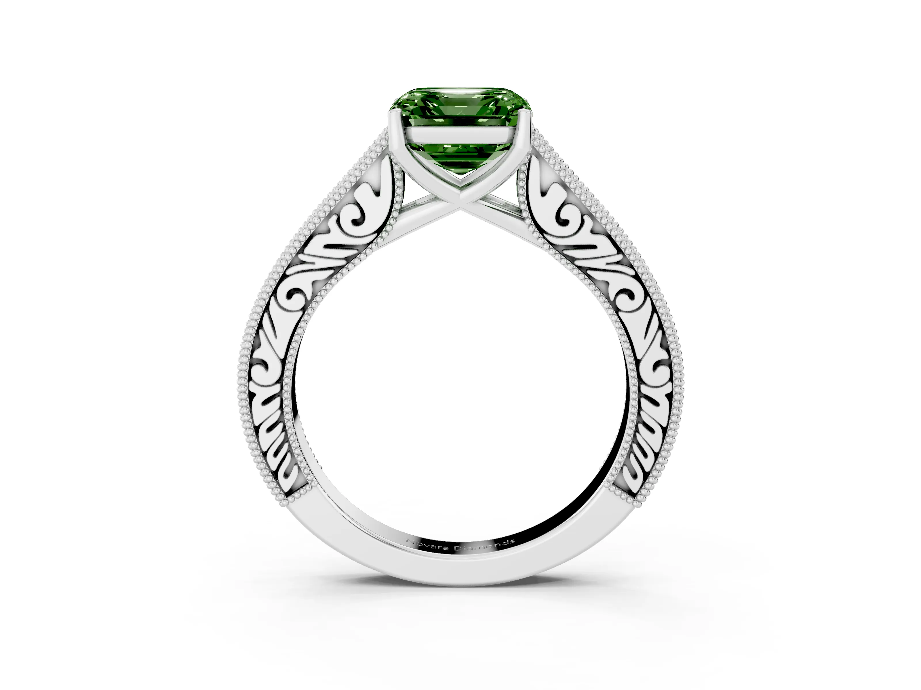 Fancy Green Asscher Cut Diamond Milgrain Pavé Band Solitaire Ring Set in Platinum with Prong Setting