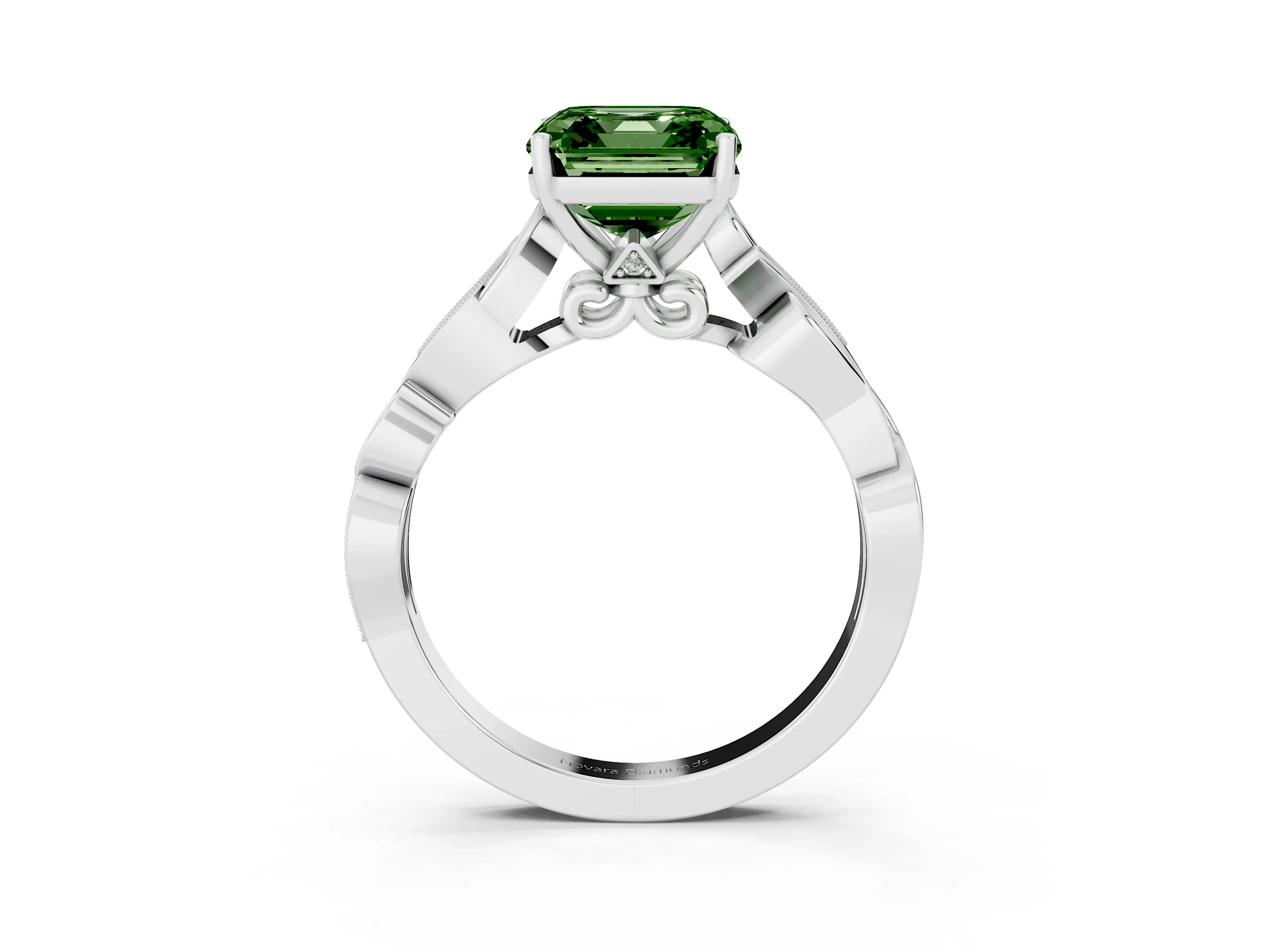 Fancy Green Asscher Cut Diamond Vine Band Solitaire Ring Set in White gold with Milgrain Prong Setting