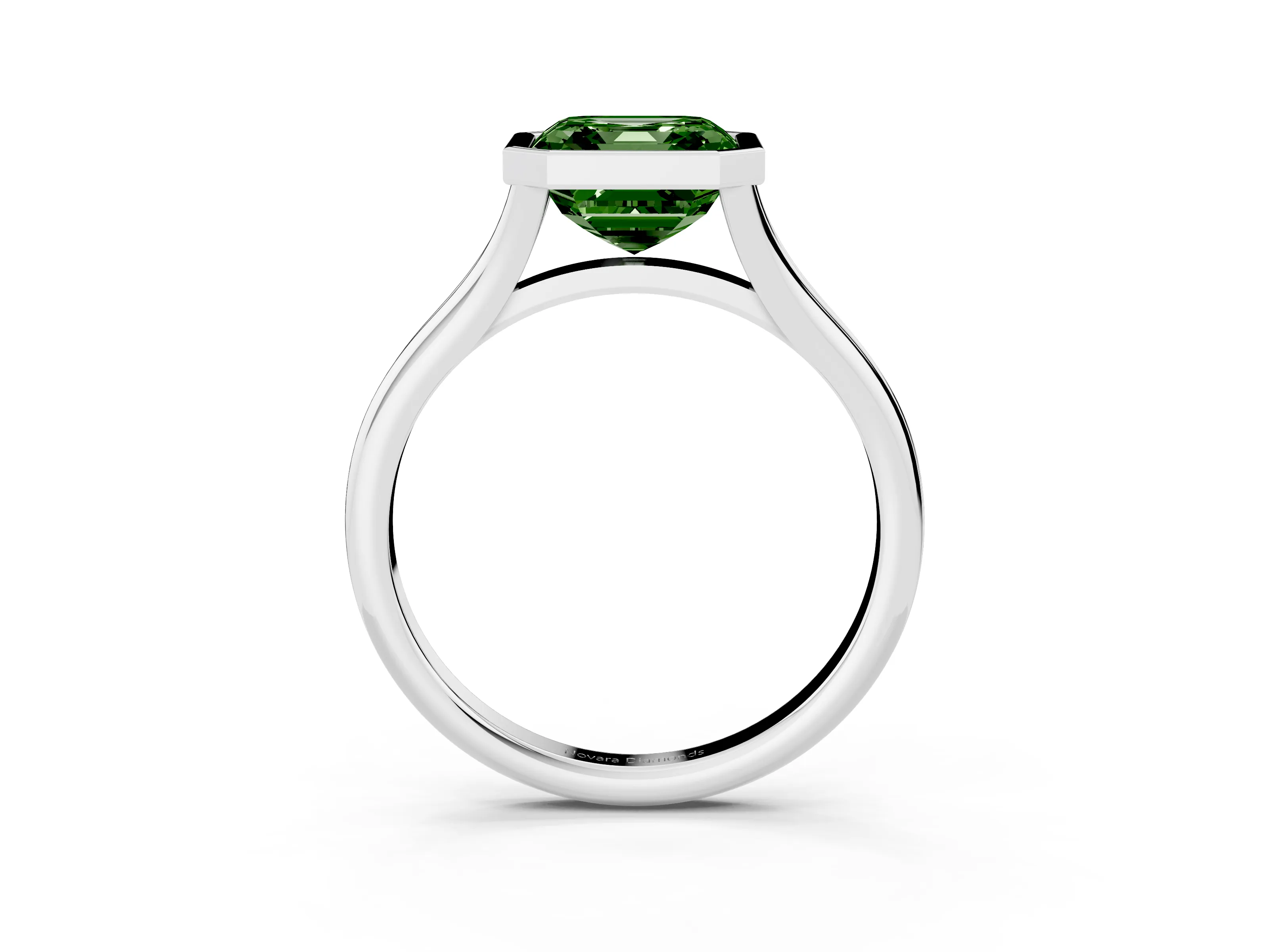 Fancy Green Bezel Set Asscher Cut Diamond Solitaire Ring Set in White gold with Tapered Band
