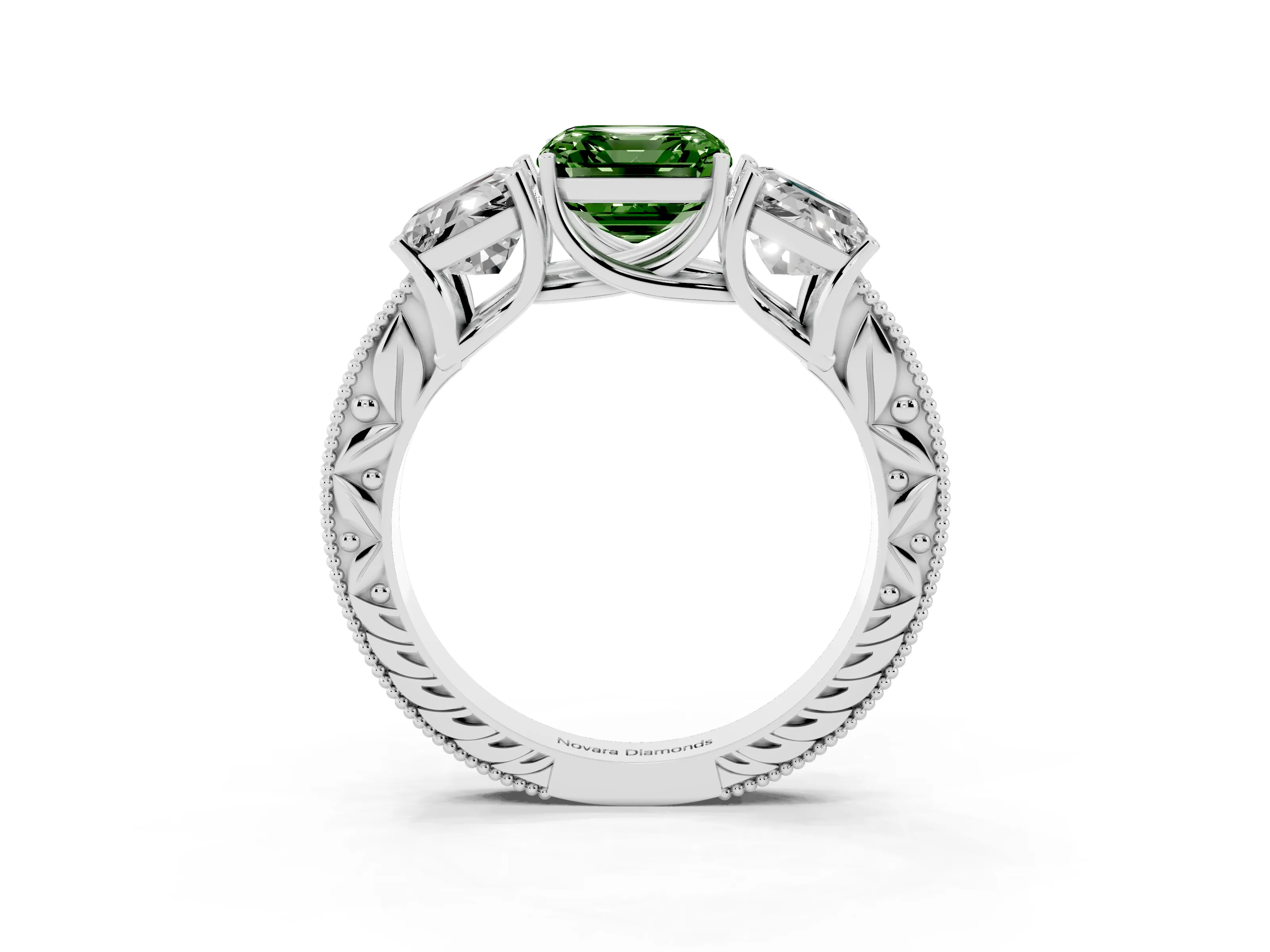 Fancy Green Asscher Cut Diamond Three-Stone Engagement Ring Set in Platinum with Milgrain Pavé Band