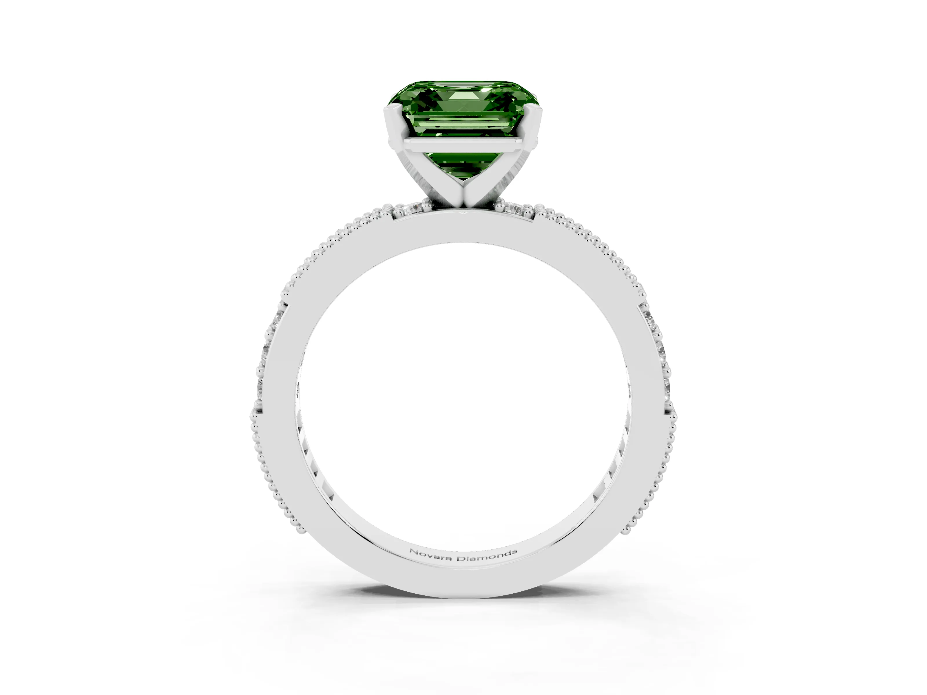 Fancy Green Asscher Cut Diamond Solitaire Ring Set in Platinum with Slim Pavé Band and Prong Setting